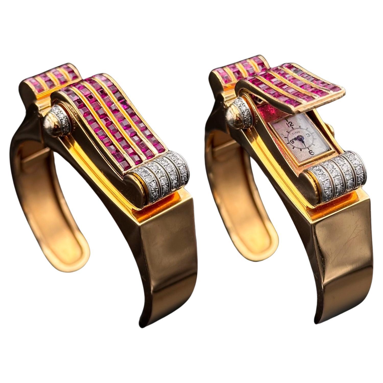 Titus Late Art Deco Odeonesque verdecktes Cocktail-Armband Uhr Diamanten Gold im Angebot