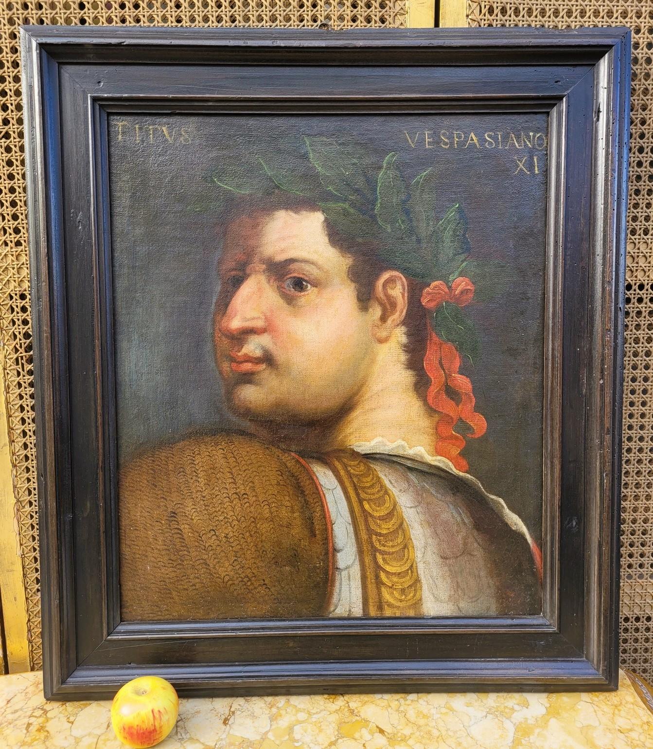 Portrait of Titus Vespasian XI, from behind but with his head crowned with laurels turned towards us

Oil on canvas 17th century, re-canvased on a recent stretcher, old restorations; old frame (wear)

Dimensions with frame: 82.5 x 72.5 cm
Dimensions