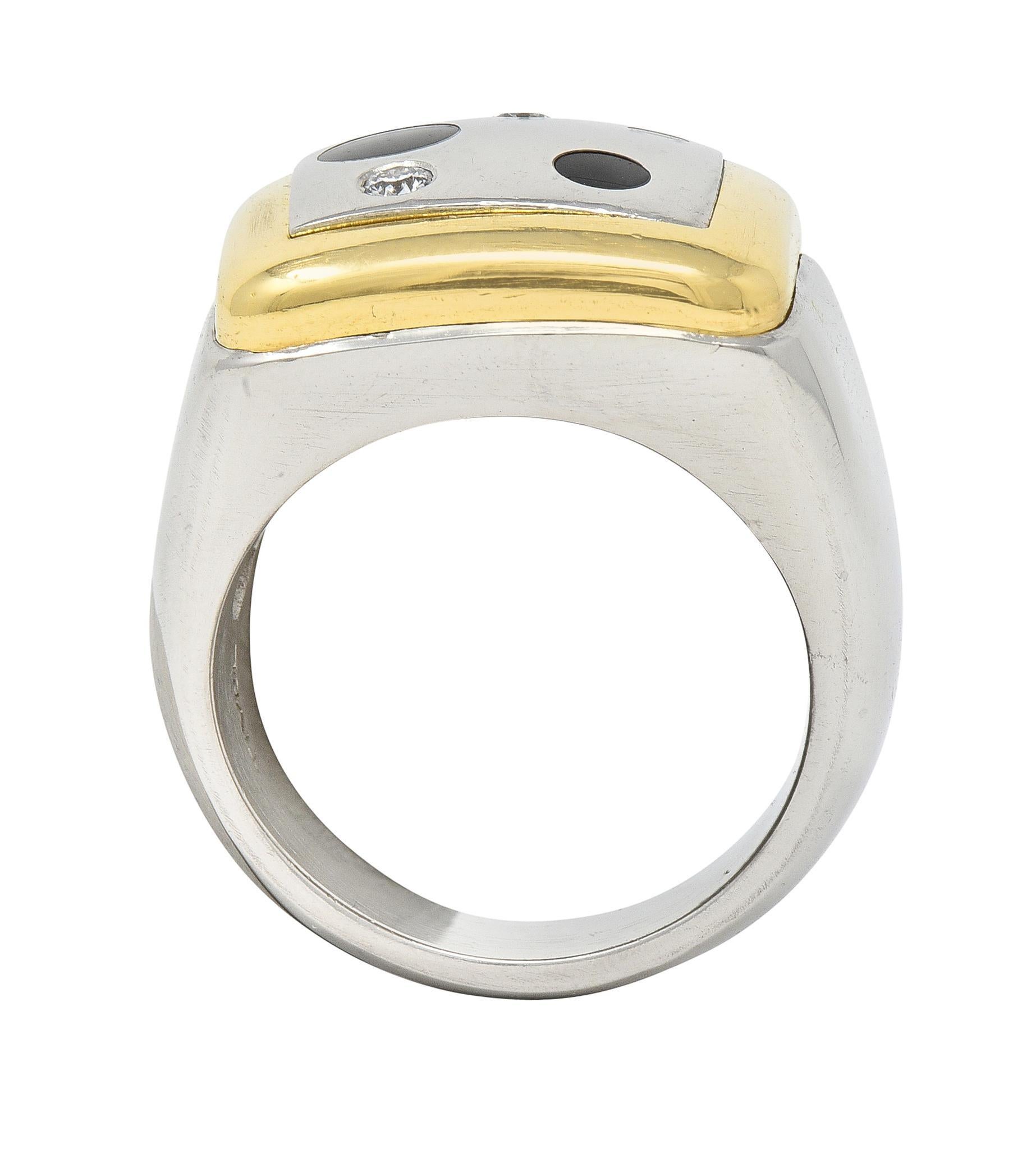 Tivol 1990s Diamond Onyx Platinum 18 Karat Gold Inlay Vintage Signet Ring 5