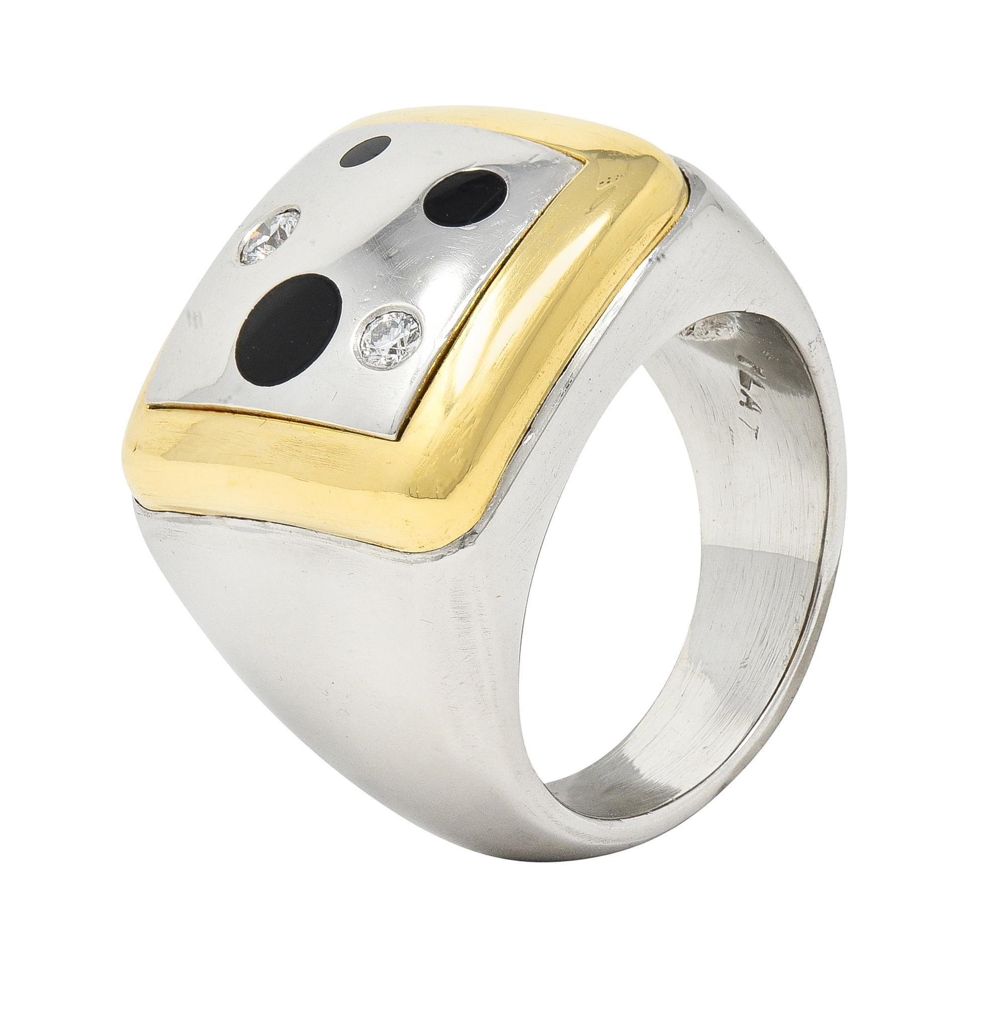 Tivol 1990s Diamond Onyx Platinum 18 Karat Gold Inlay Vintage Signet Ring 7