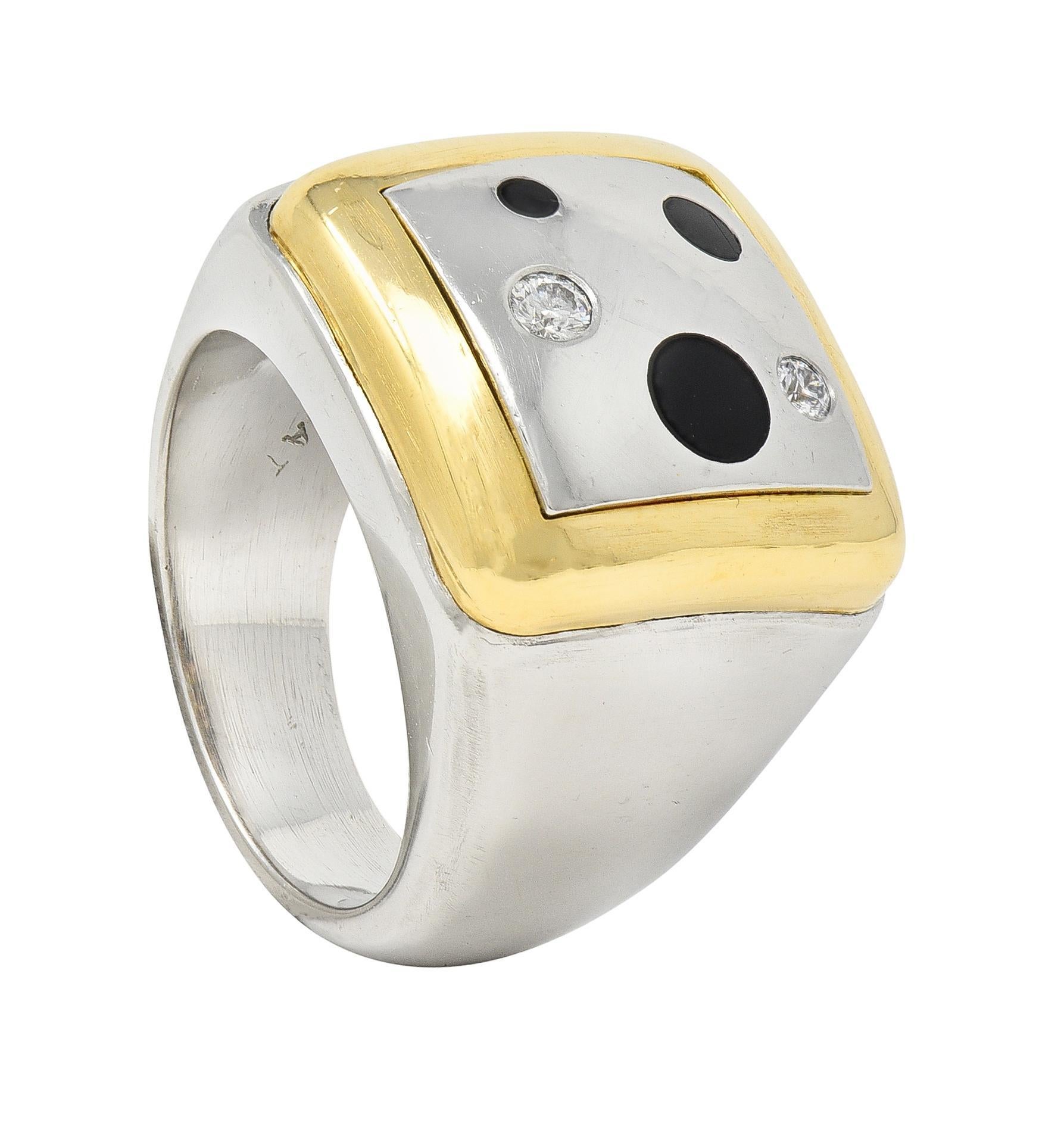 Designed a signet-style ring centering a platinum square with yellow gold surround 
Featuring a polka-dot motif comprised of inlaid onyx circles and diamonds
Onyx measures between 2.0 to 4.0 mm and is opaque glossy black
Diamonds are round brilliant