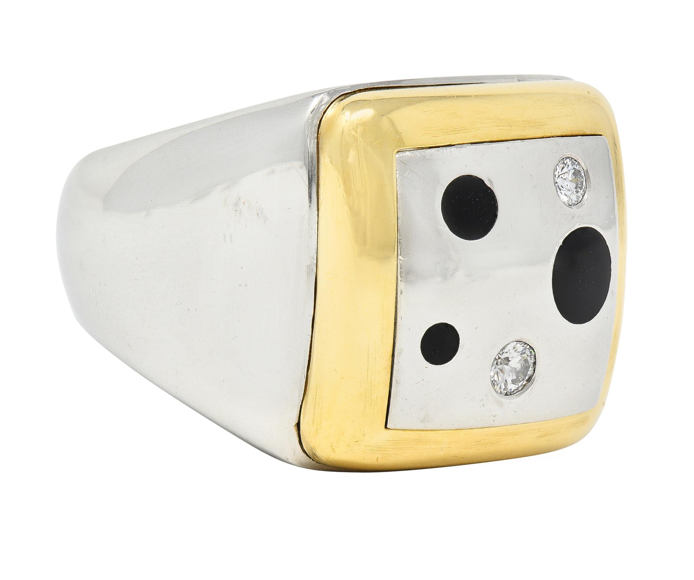 Round Cut Tivol 1990s Diamond Onyx Platinum 18 Karat Gold Inlay Vintage Signet Ring