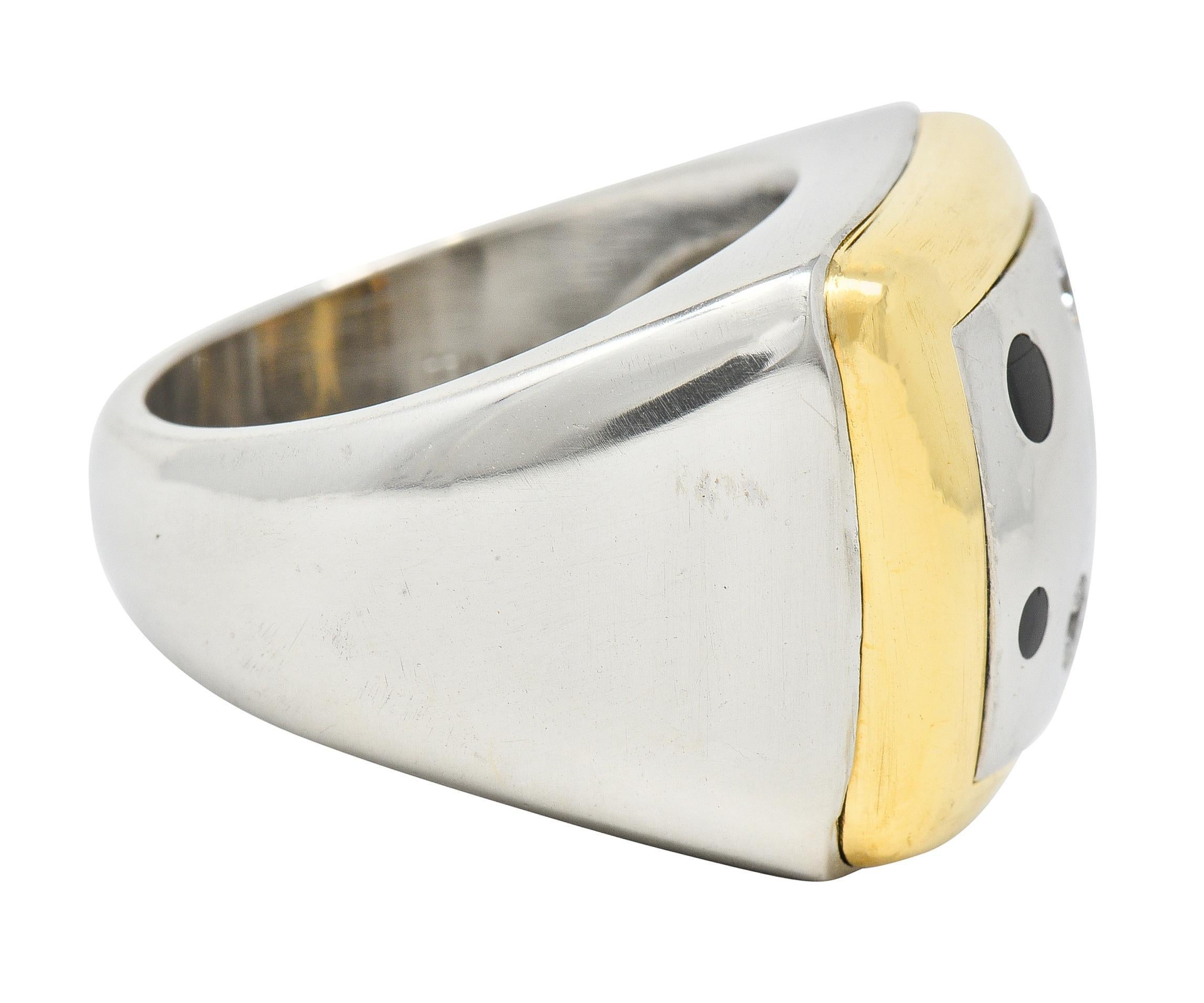 Tivol 1990s Diamond Onyx Platinum 18 Karat Gold Inlay Vintage Signet Ring In Good Condition In Philadelphia, PA