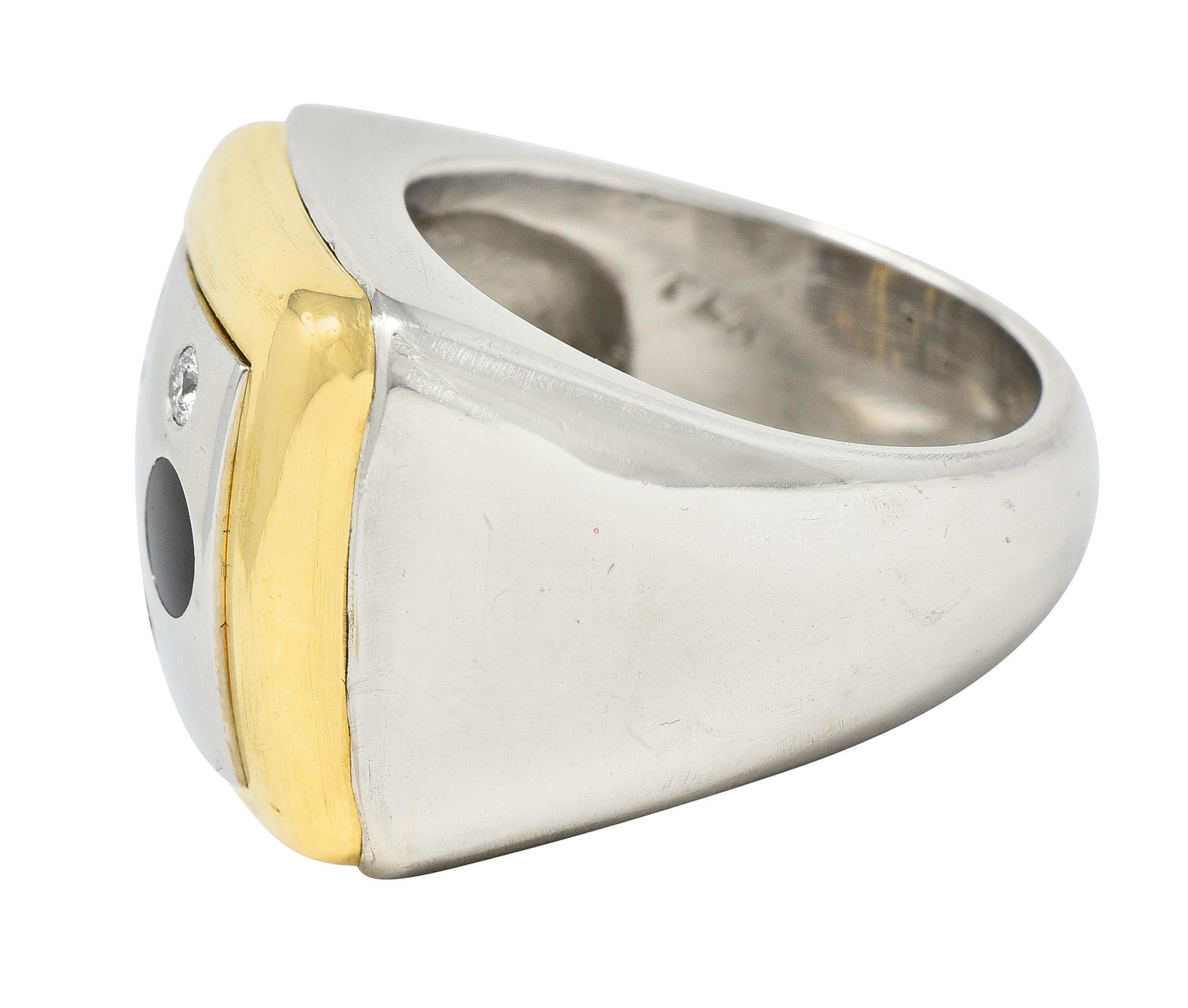 Tivol 1990s Diamond Onyx Platinum 18 Karat Gold Inlay Vintage Signet Ring 1