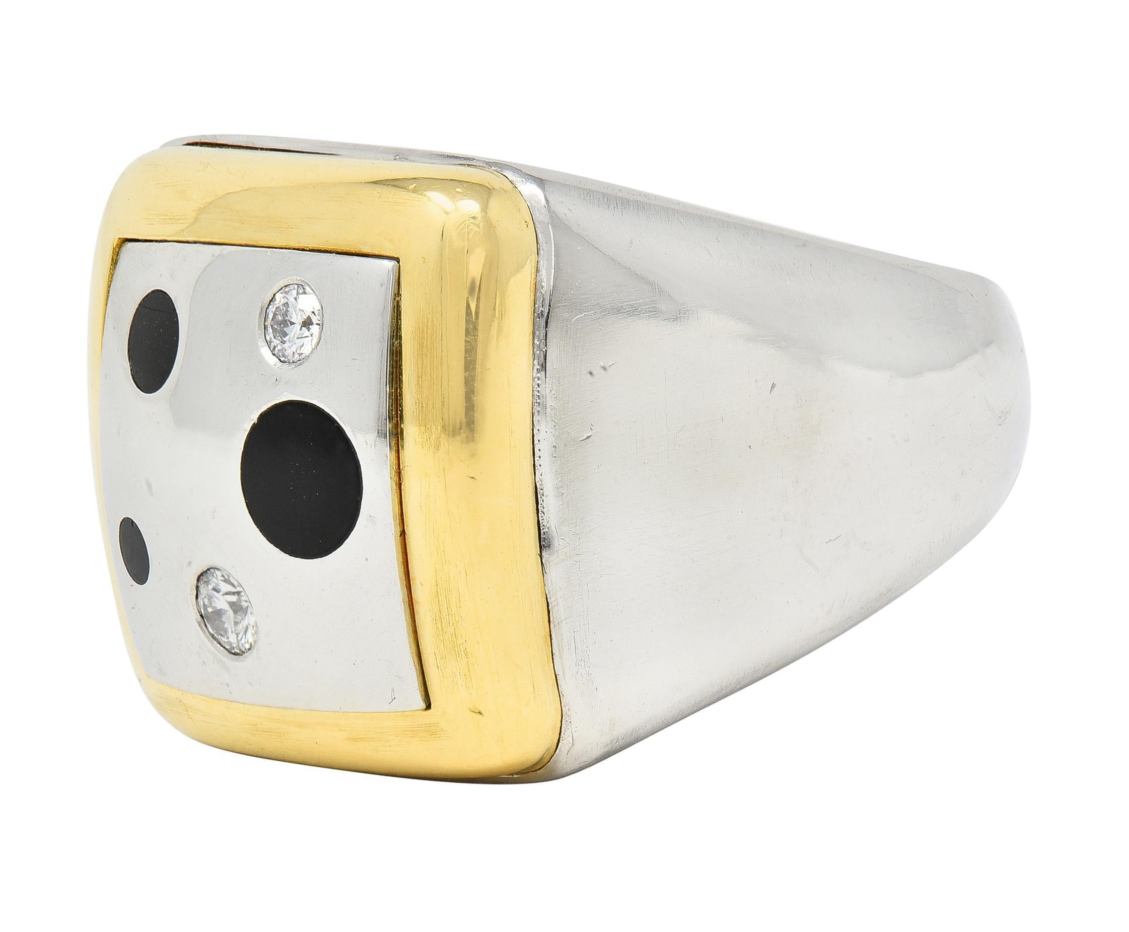 Tivol 1990s Diamond Onyx Platinum 18 Karat Gold Inlay Vintage Signet Ring 2