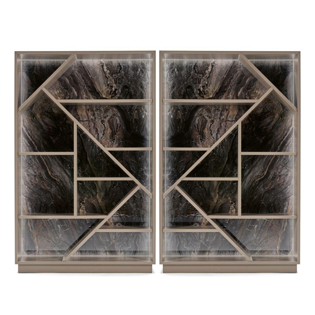 Emphasized with a geometric design of the shelves and beautifully accented with ceramic panels, this bookcase includes led lighting to give the illusion of more depth and space, highlighting the ceramic plate.
TIVOLI is crafted with timeless and