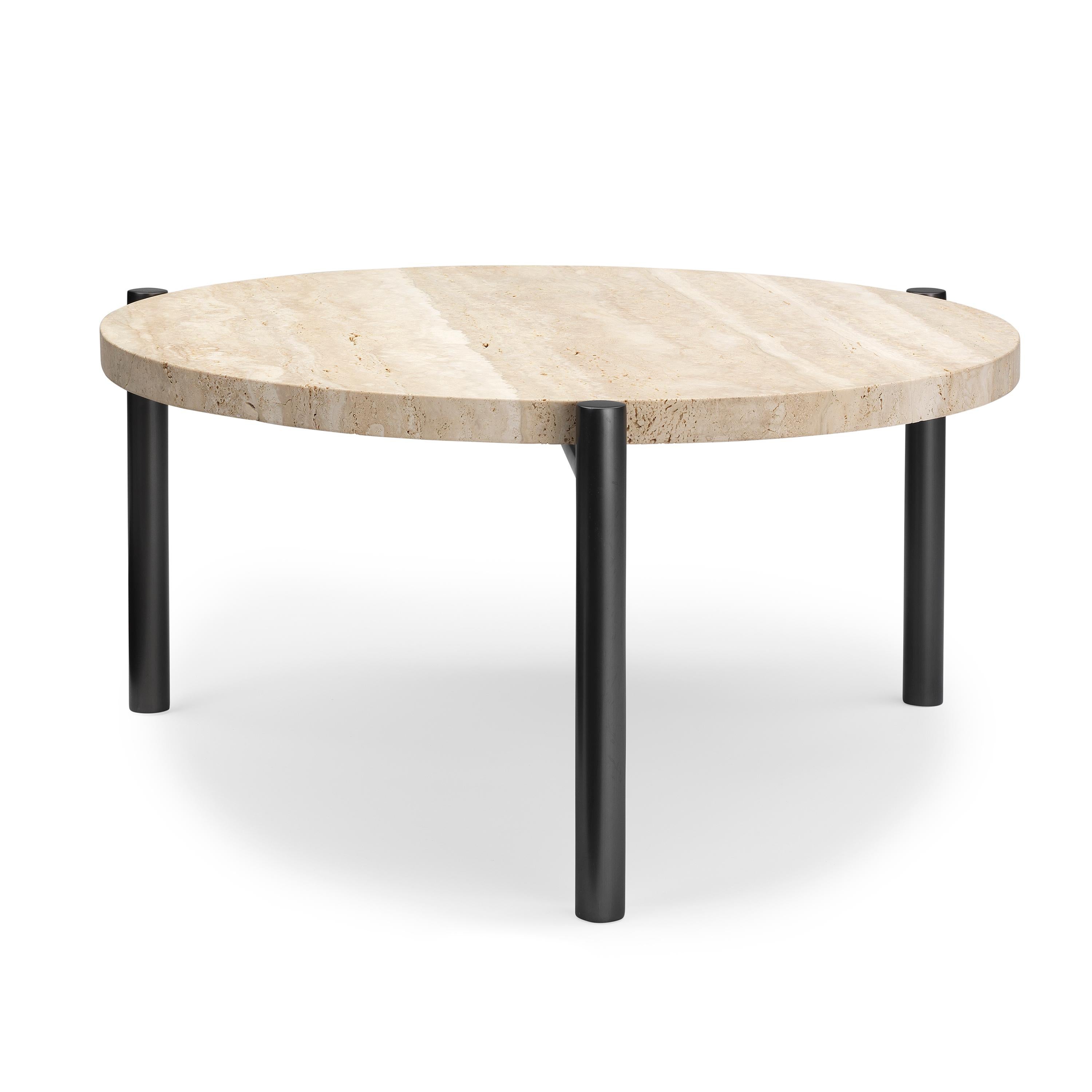 Tivoli Couchtisch mit 3 Beinen, Ölgeriebener Bronzeplatte aus Edelstahl + Travertinplatte (Geölt) im Angebot