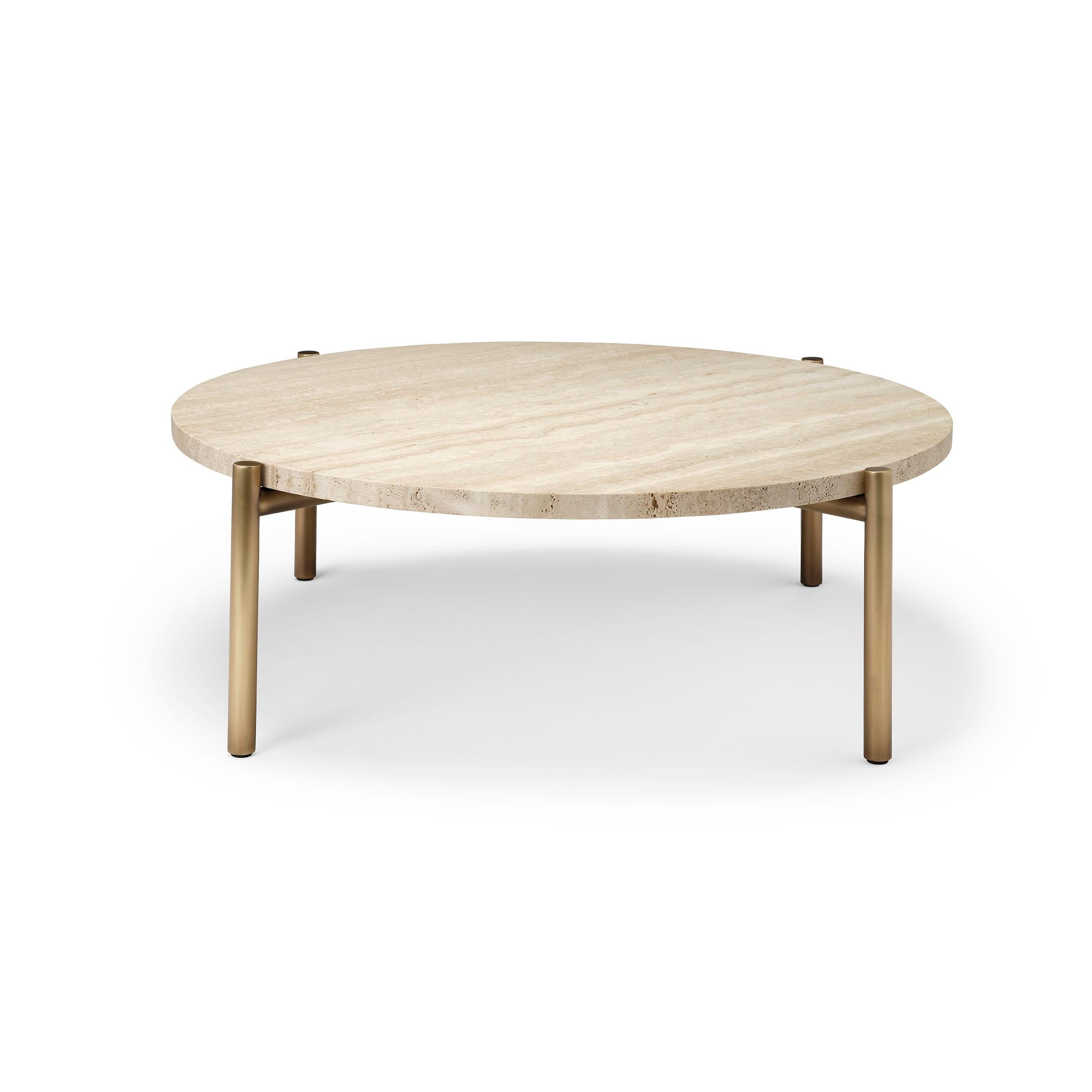 Ten10 Tivoli coffee table with 4 legs and a round travertine top. The base is stainless steel tube plated in burnished brass. Other finishes are available - oil rubbed bronze or polished or brushed stainless steel. The top is 3cm thick vein cut