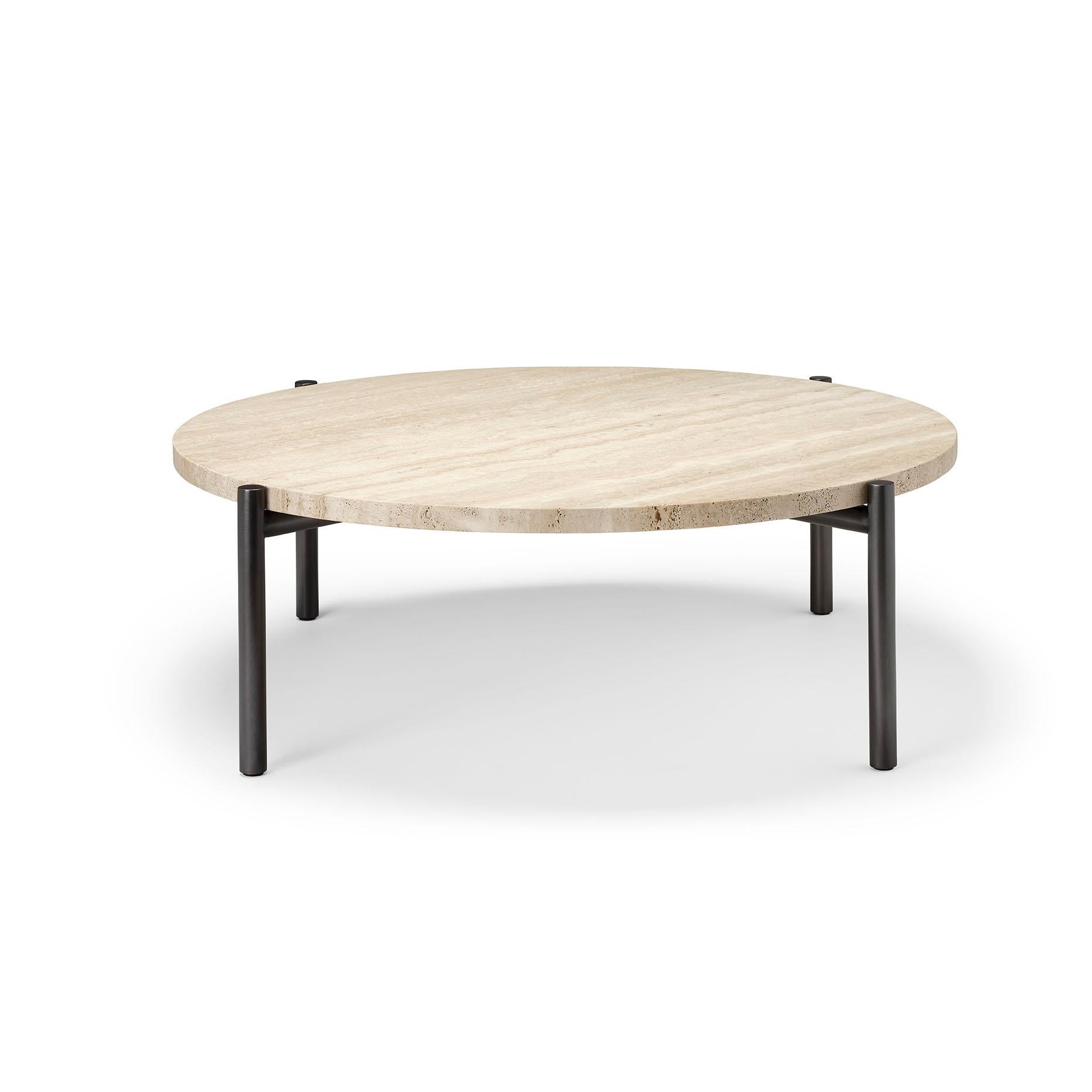 Ten10 Tivoli coffee table with 4 legs and a round travertine top. The base is stainless steel tube plated in oil rubbed bronze. Other finishes are available - burnished brass or polished or brushed stainless steel. The top is 3cm thick vein cut