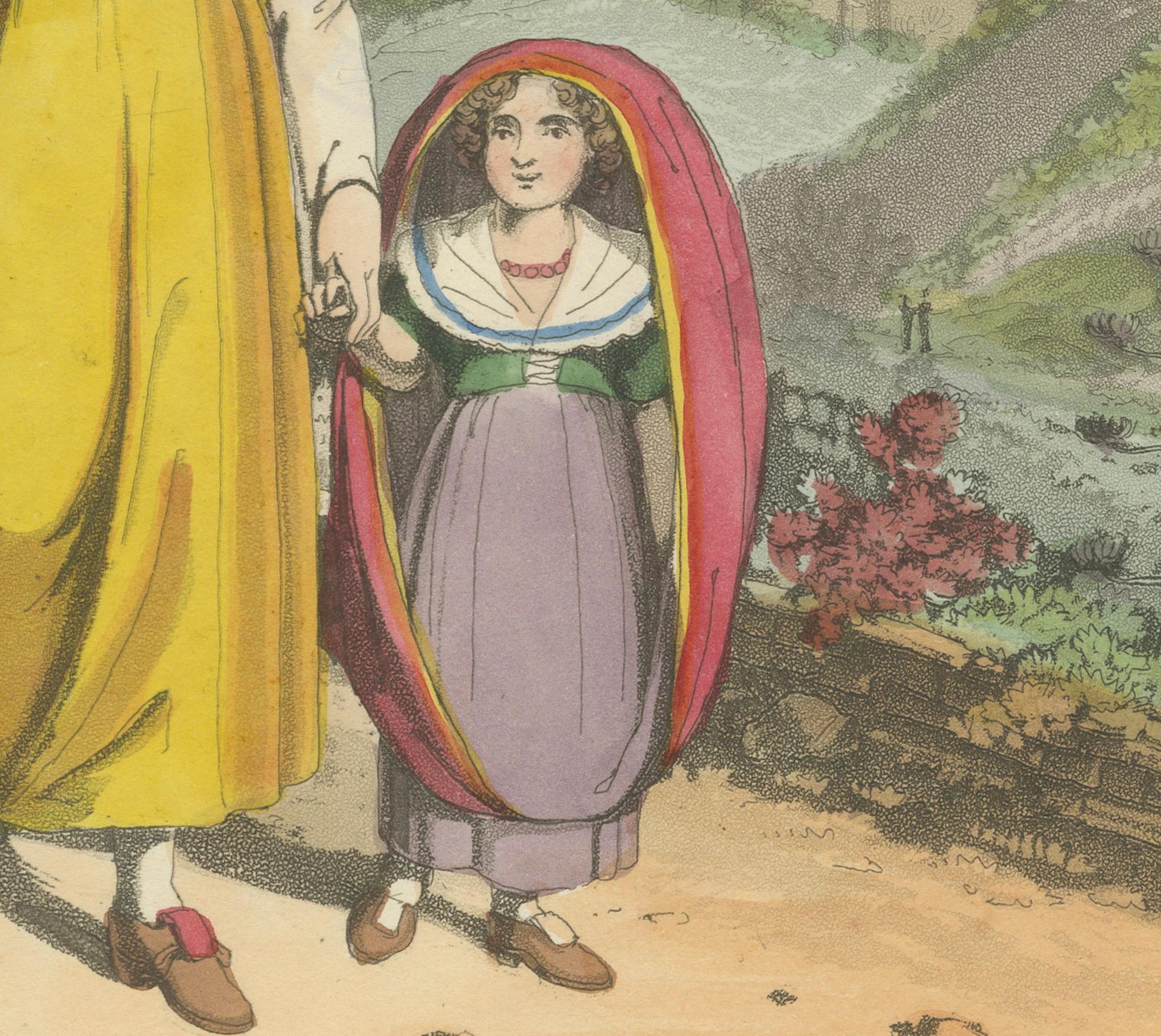 Titel: Tivoli-Kostüme & Tempel der Vesta - Radierung von 1819 mit italienischem Erbe

Beschreibung: Diese bezaubernde Radierung von 1819 mit dem Titel 
