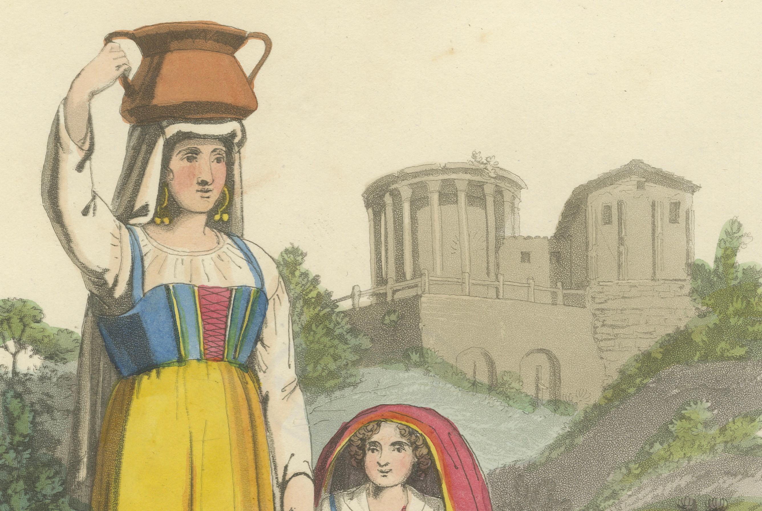 Tivoli-Kostüme und Tempel der Vesta - Radierung von 1819 mit italienischem Erbe (Graviert) im Angebot