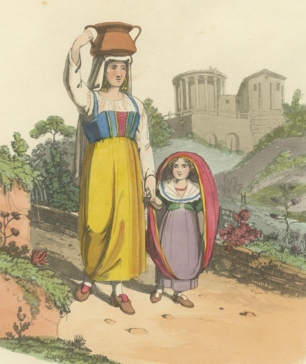 Tivoli-Kostüme und Tempel der Vesta - Radierung von 1819 mit italienischem Erbe (Frühes 19. Jahrhundert) im Angebot