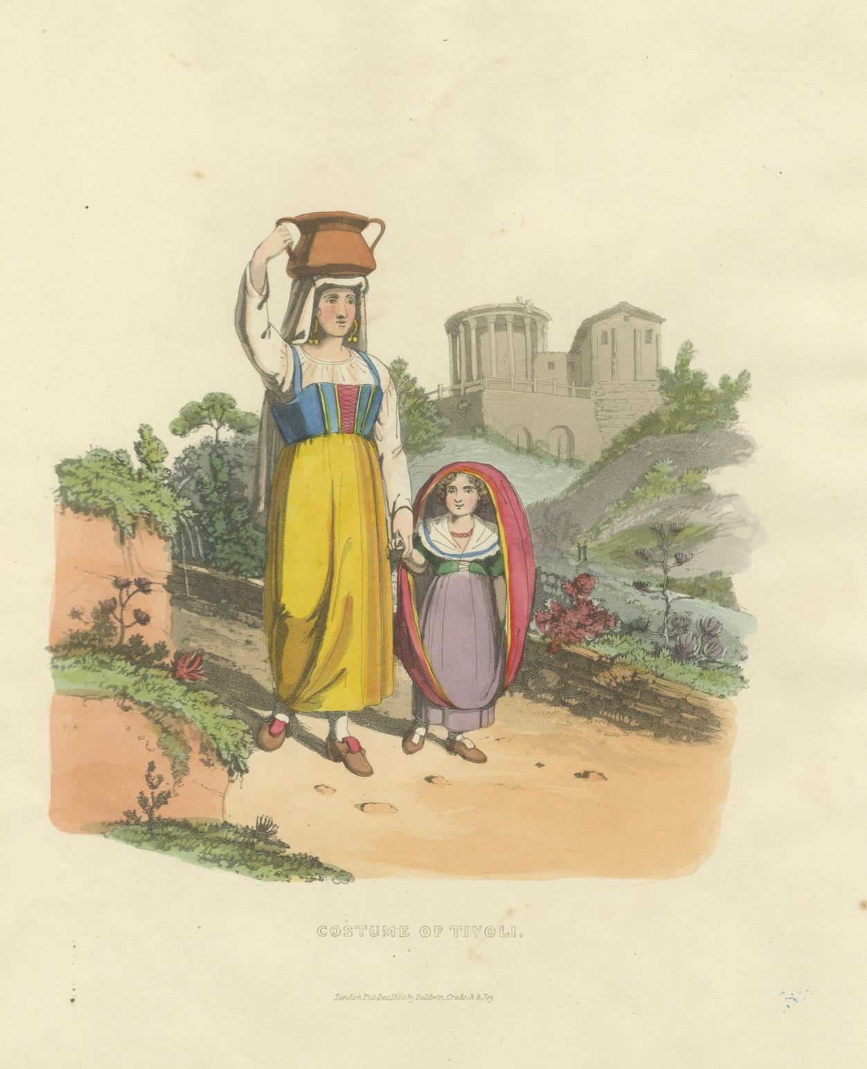 Tivoli-Kostüme und Tempel der Vesta - Radierung von 1819 mit italienischem Erbe (Papier) im Angebot