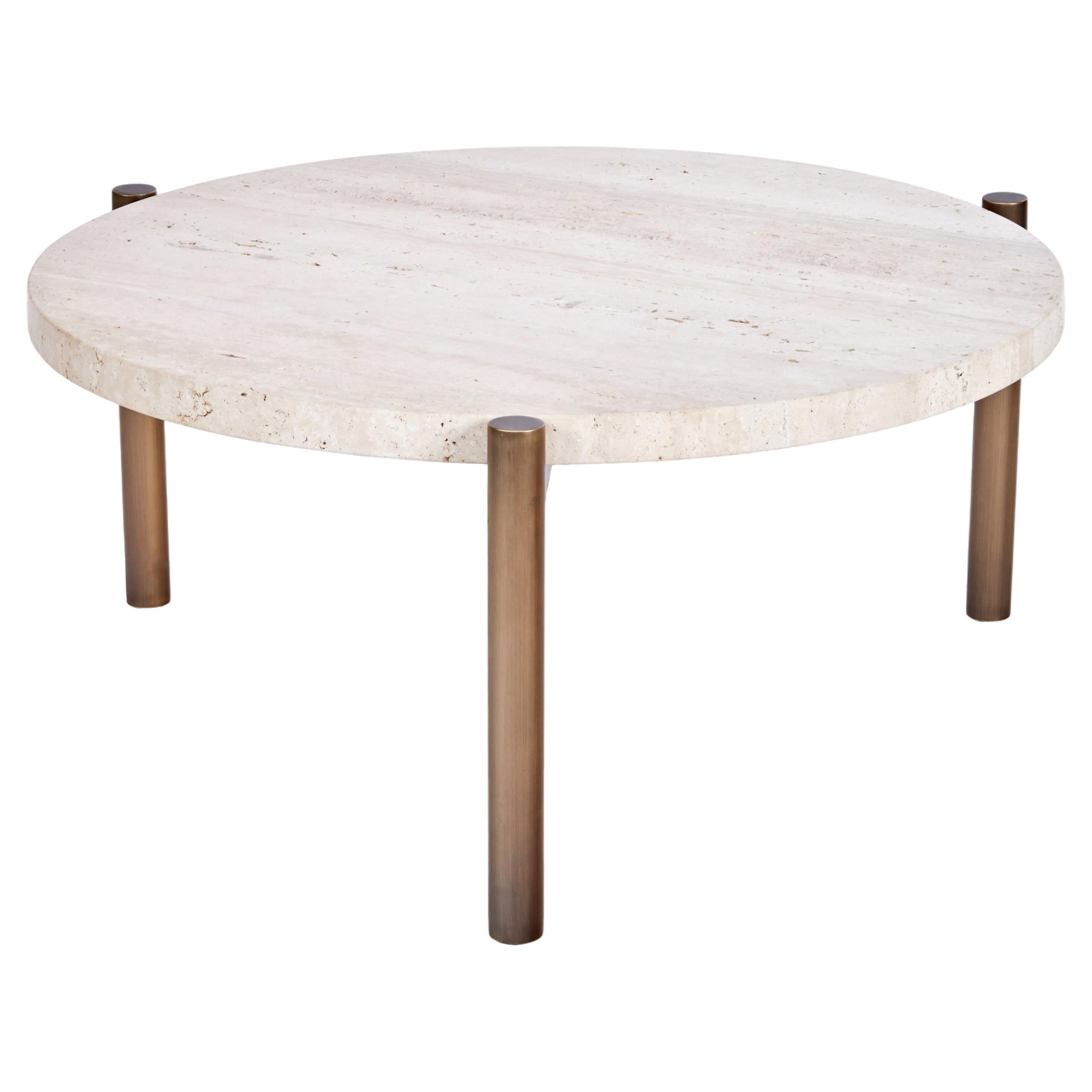 Tivoli Side Table Round 26 "D 3 Legs Burnished Brass Plated Base + Travertine Top en vente