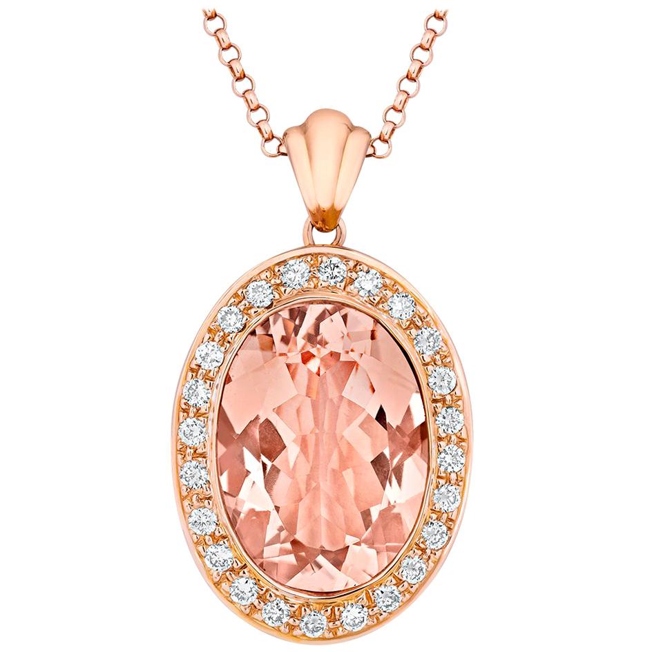 Tivon 18 Carat Gold Oval Cut Peach-Pink Morganite and White Diamond Set Pendant For Sale