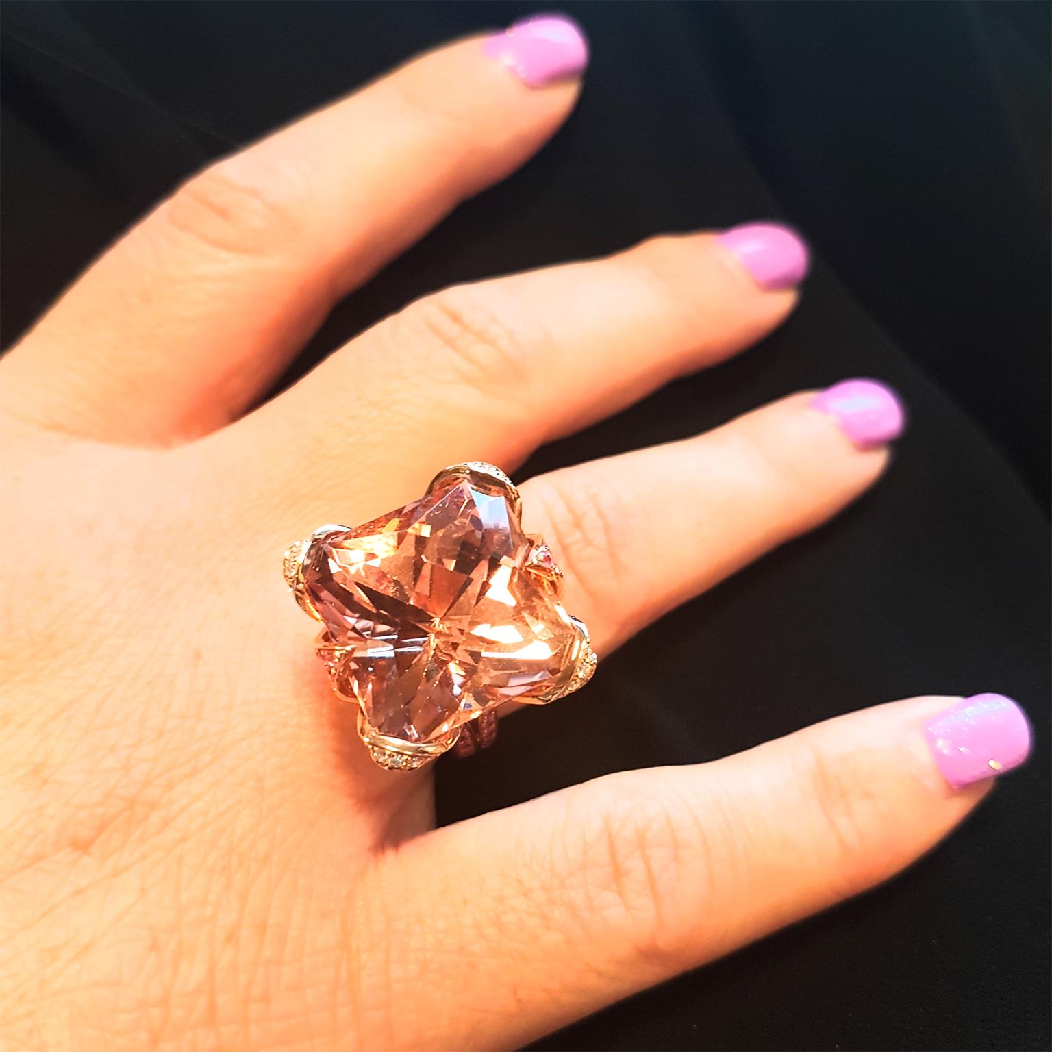 Modern Tivon 18 Carat Rose Gold Morganite, Pink Sapphire and Diamond Ring For Sale
