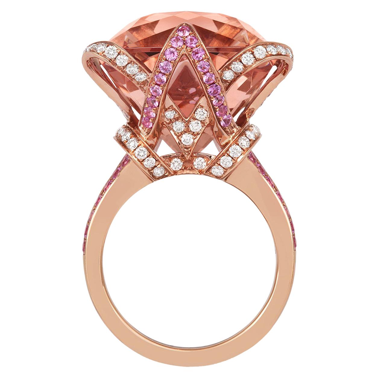 Tivon 18 Carat Rose Gold Morganite, Pink Sapphire and Diamond Ring For Sale
