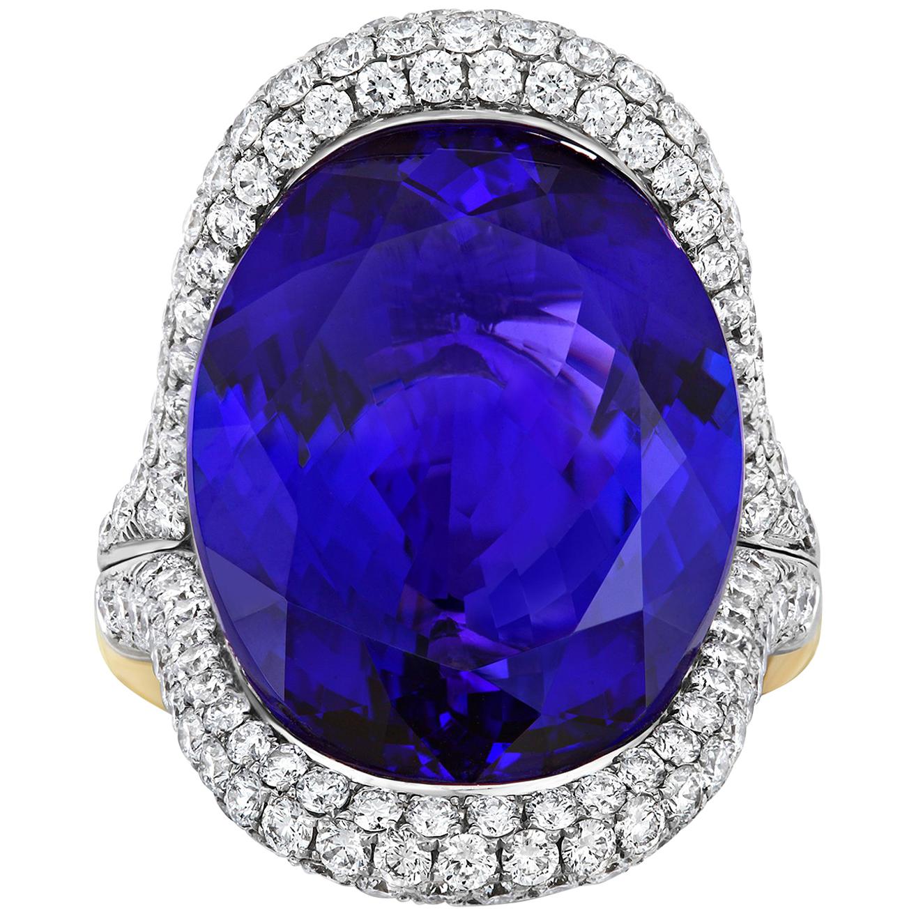 Tivon 18 Carat Two-Tone Gold AAAA+ Tanzanite and Fine Diamond Cocktail Ring For Sale