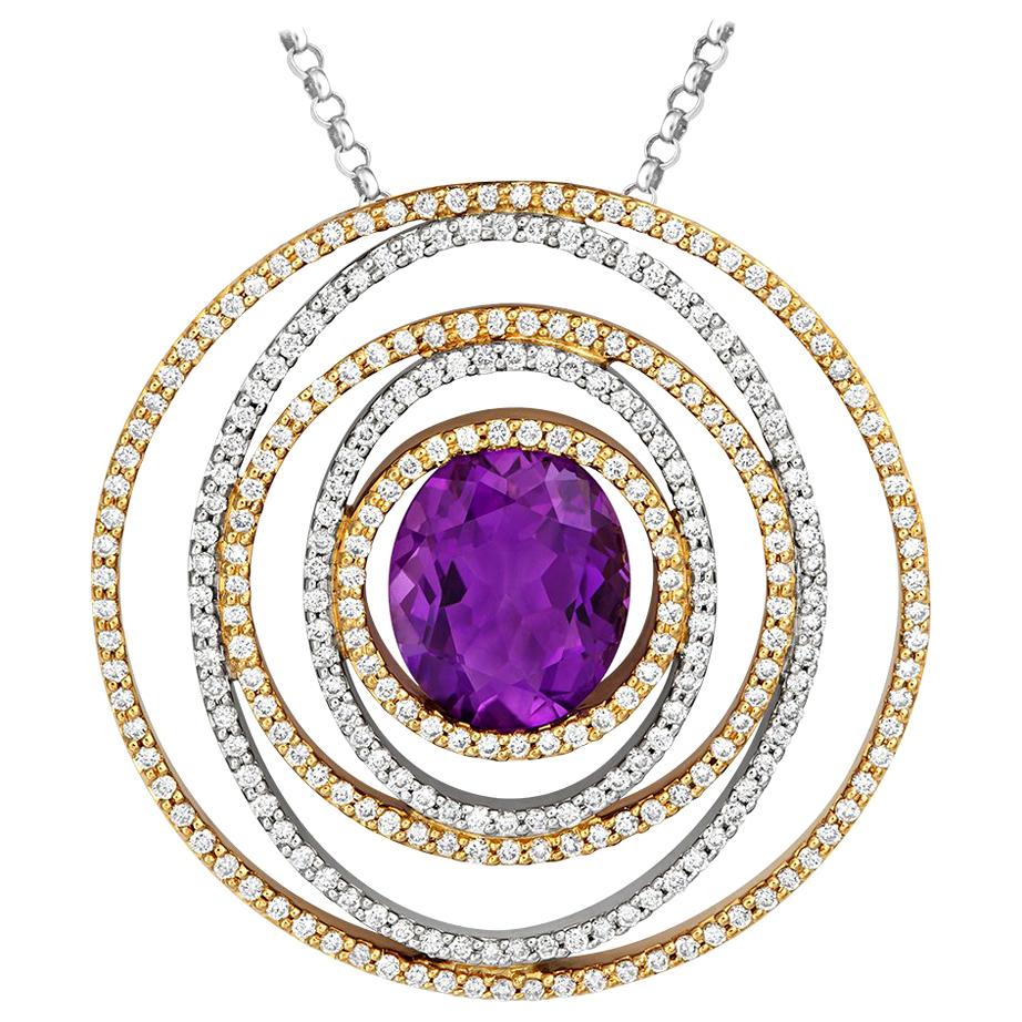 Tivon 18 Carat Two-Tone Gold Oval Cut Amethyst and White Diamond Circle Pendant For Sale