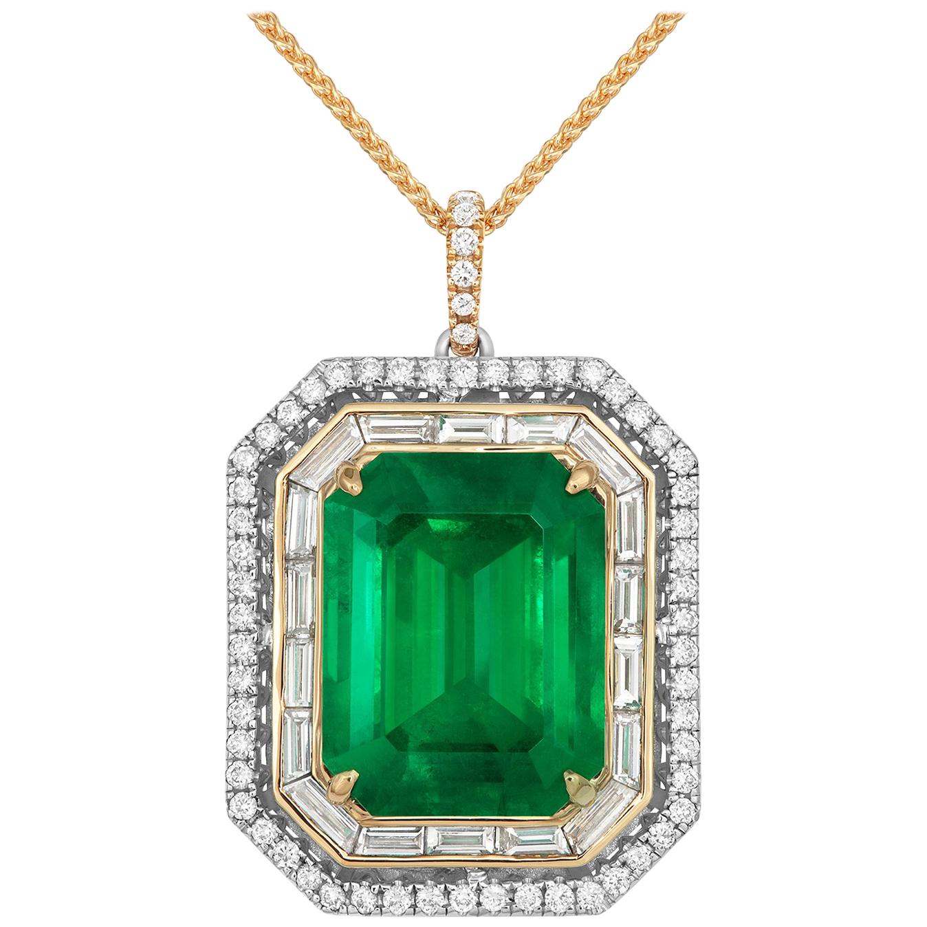 Tivon 18 Carat White and Yellow Gold Colombian Emerald and Diamond Pendant For Sale
