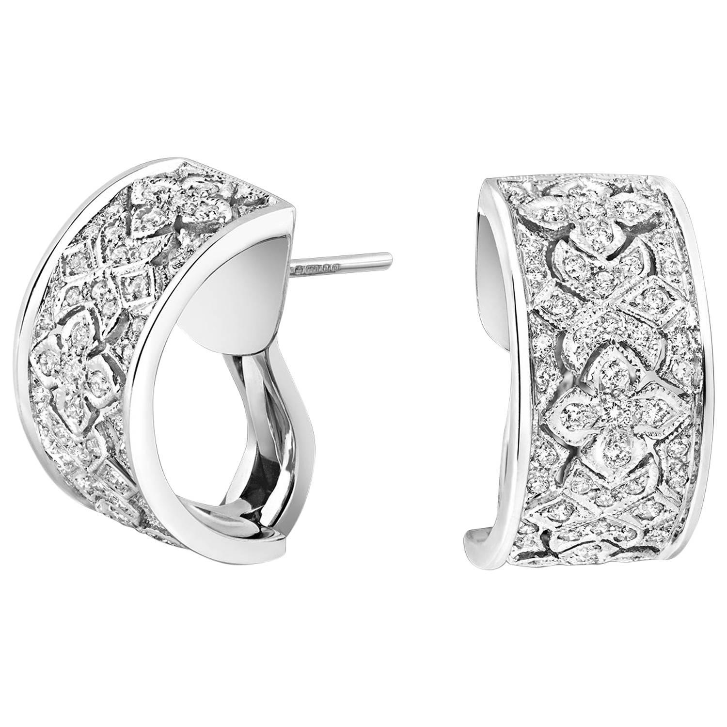 Tivon 18 Carat White Gold Pave Set Filigree Design Diamond Earrings For Sale