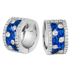 Tivon 18 Carat White Gold Round Diamond and Oval Blue Sapphire Hoop Earrings