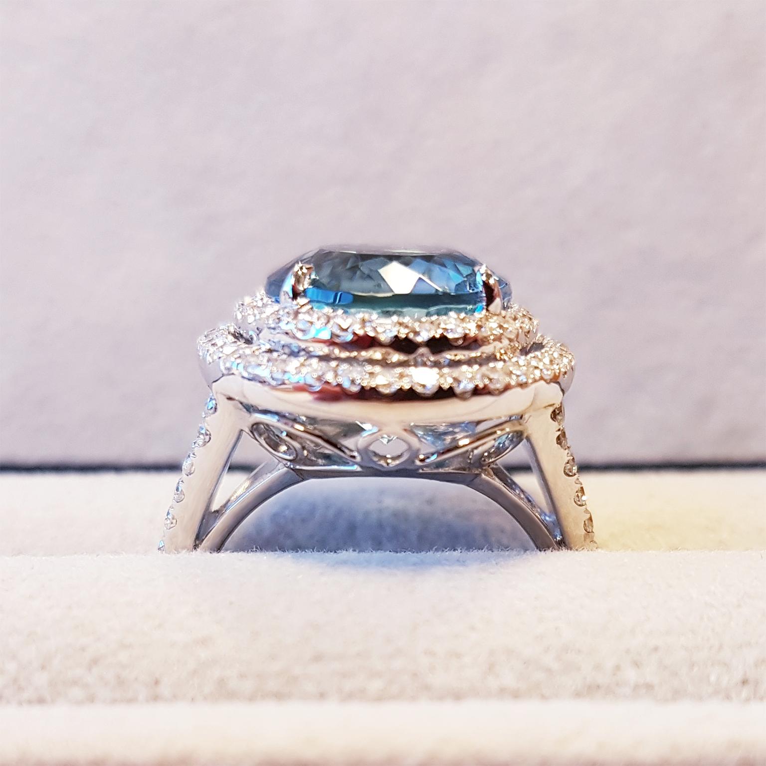 Oval Cut Tivon 18 Carat White Gold Santa Maria Aquamarine and Diamond Ring For Sale