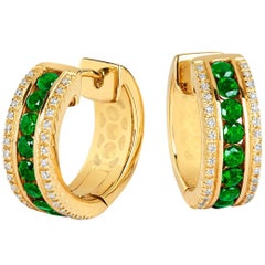 Tivon 18 Carat Yellow Gold Round Diamond and Round Emerald small hoop earrings