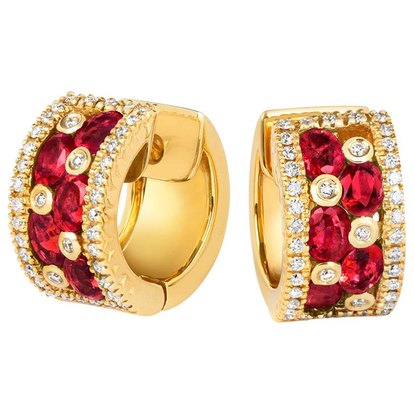 Tivon 18 Carat Yellow Gold Round White Diamond &Oval Burmese Ruby hoop Earrings For Sale
