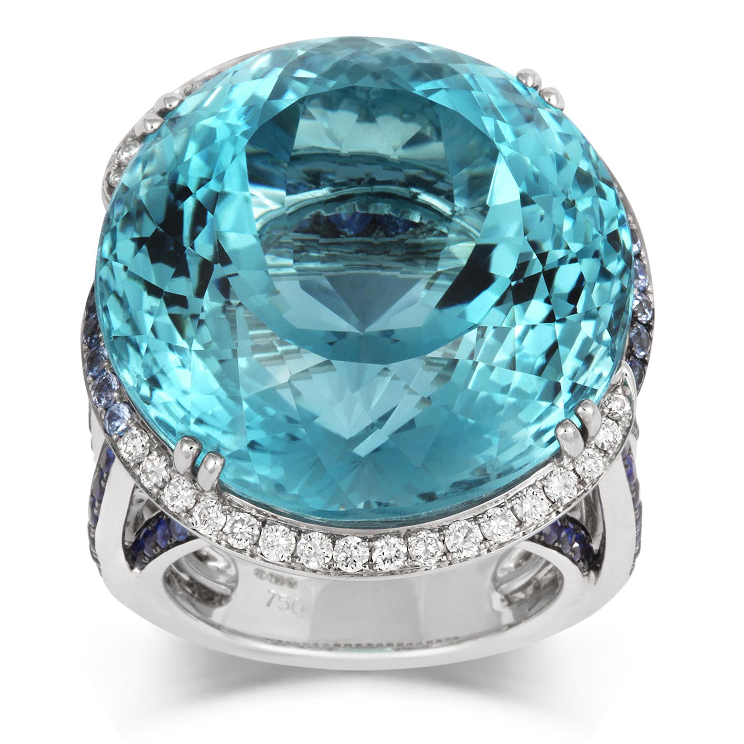 Modern Tivon 18 Karat White Gold Blue Topaz Sapphire Diamond Cocktail Ring For Sale