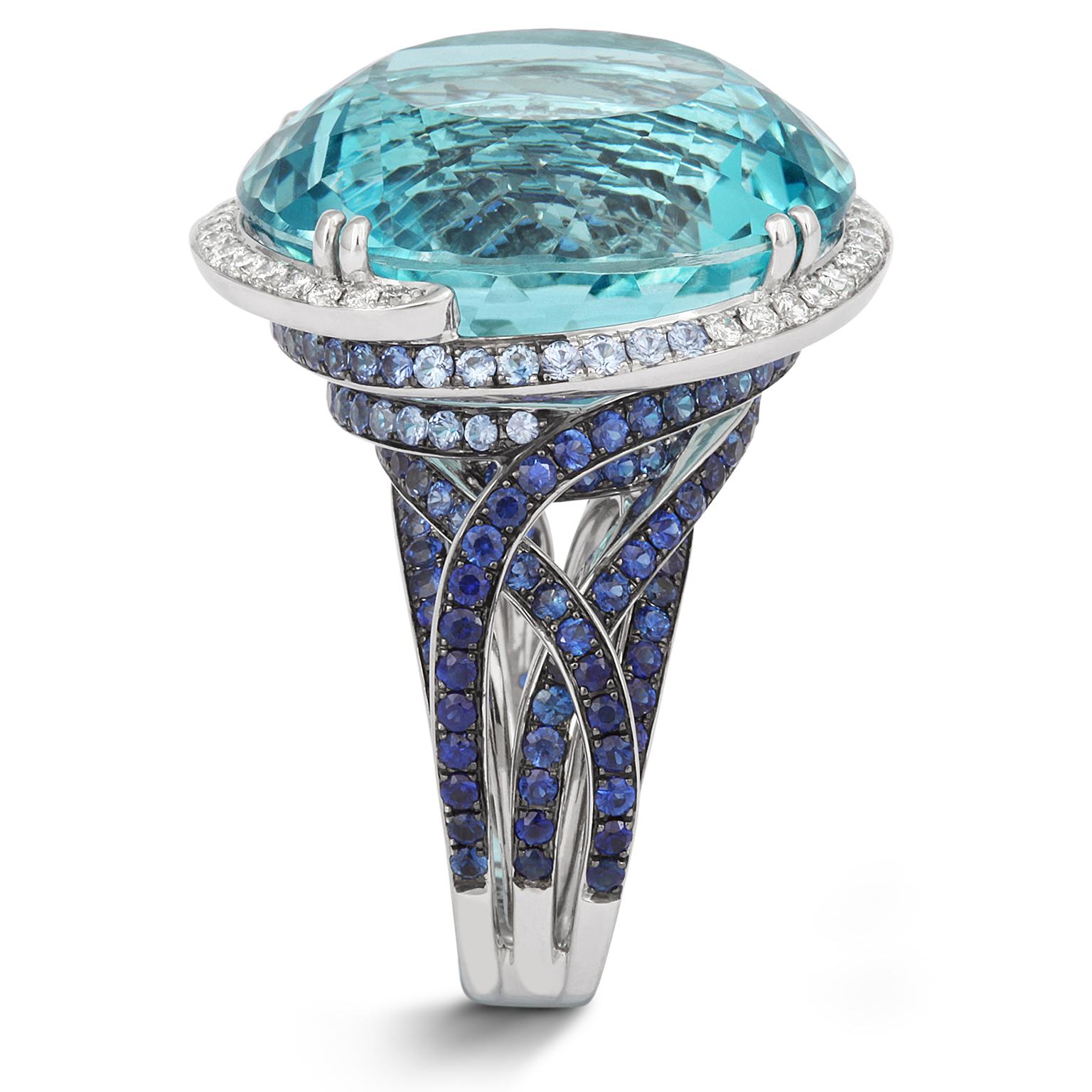 Round Cut Tivon 18 Karat White Gold Blue Topaz Sapphire Diamond Cocktail Ring For Sale