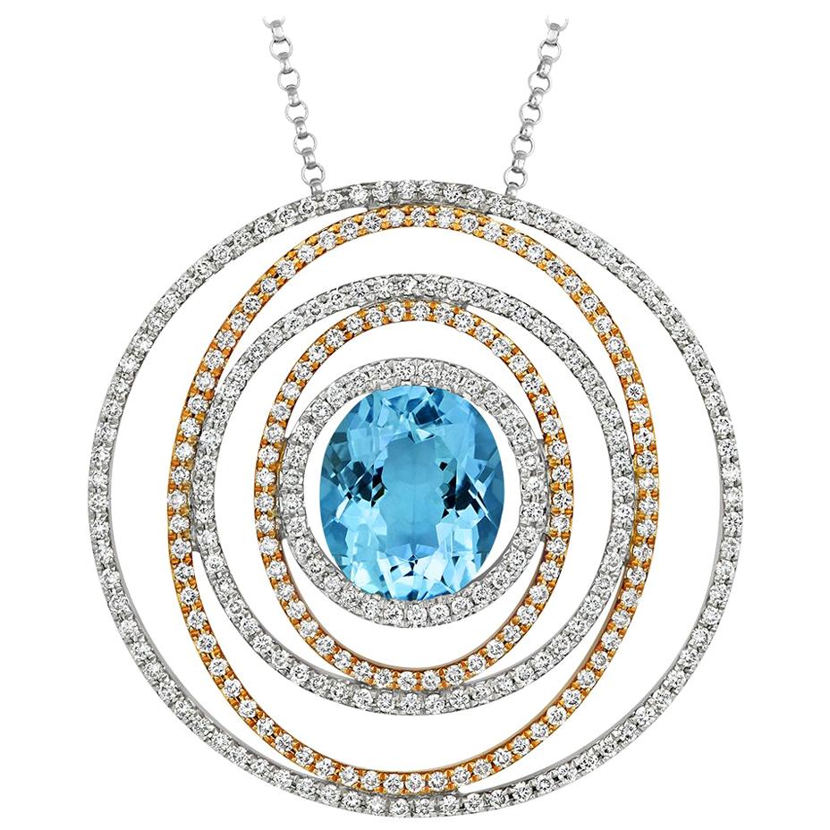 Tivon 18ct Two-tone Gold oval cut Aquamarine & White Diamond set round Pendant For Sale