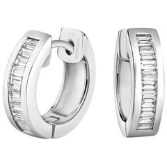 Tivon 18ct White Gold channel set baguette cut Diamond hoop earrings