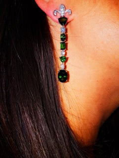 Tivon 18ct White Gold Green Tourmaline and diamond long dangly Earrings