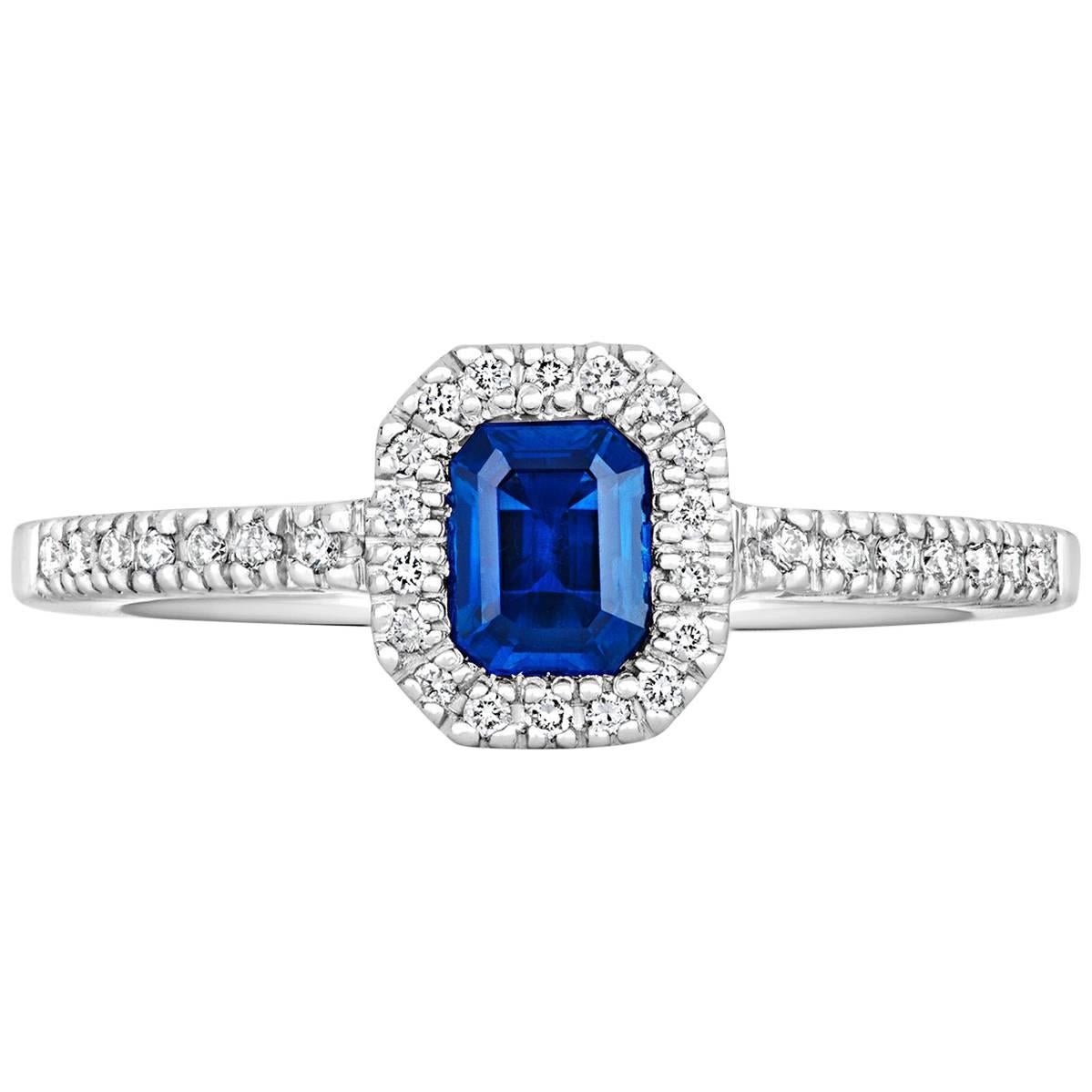 Tivon 18ct White Gold Pave set white Diamond and Emerald cut Blue Sapphire Ring For Sale