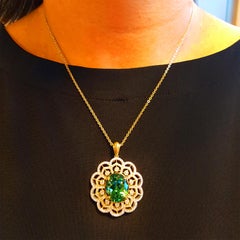 Tivon 18ct White & Yellow Gold large lush Green Tourmaline and Diamond Pendant