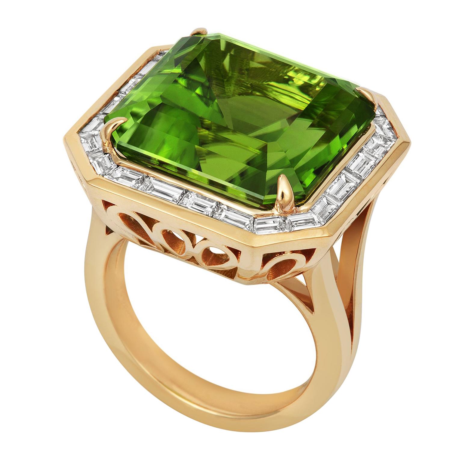 Tivon 18ct Yellow Gold large Art Deco Peridot and baguette Diamond cocktail Ring For Sale