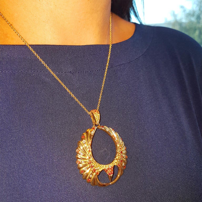 Tivon 18ct Yellow Gold large diamond ruby and sapphire set Phoenix