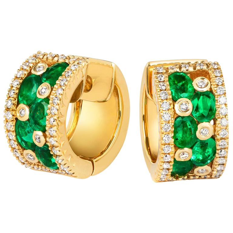 Tivon 18k Yellow Gold Round White Diamond and Oval Zambian Emerald Hoop Earrings For Sale