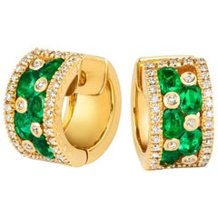 Tivon 18k Yellow Gold Round White Diamond and Oval Zambian Emerald Hoop Earrings