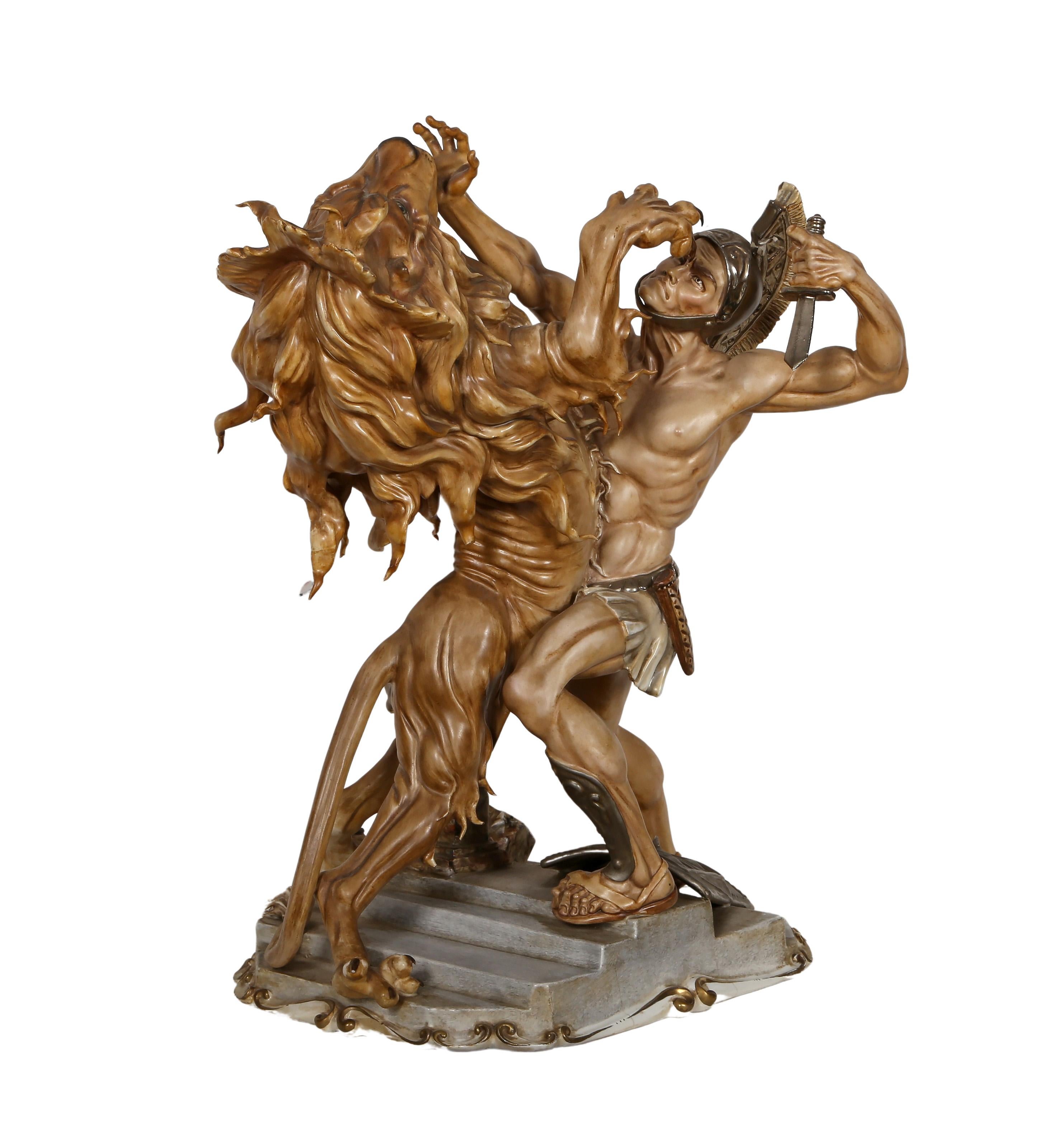 Spartico E Il Leone, sculpture en porcelaine Art nouveau de Tiziano Galli en vente 2