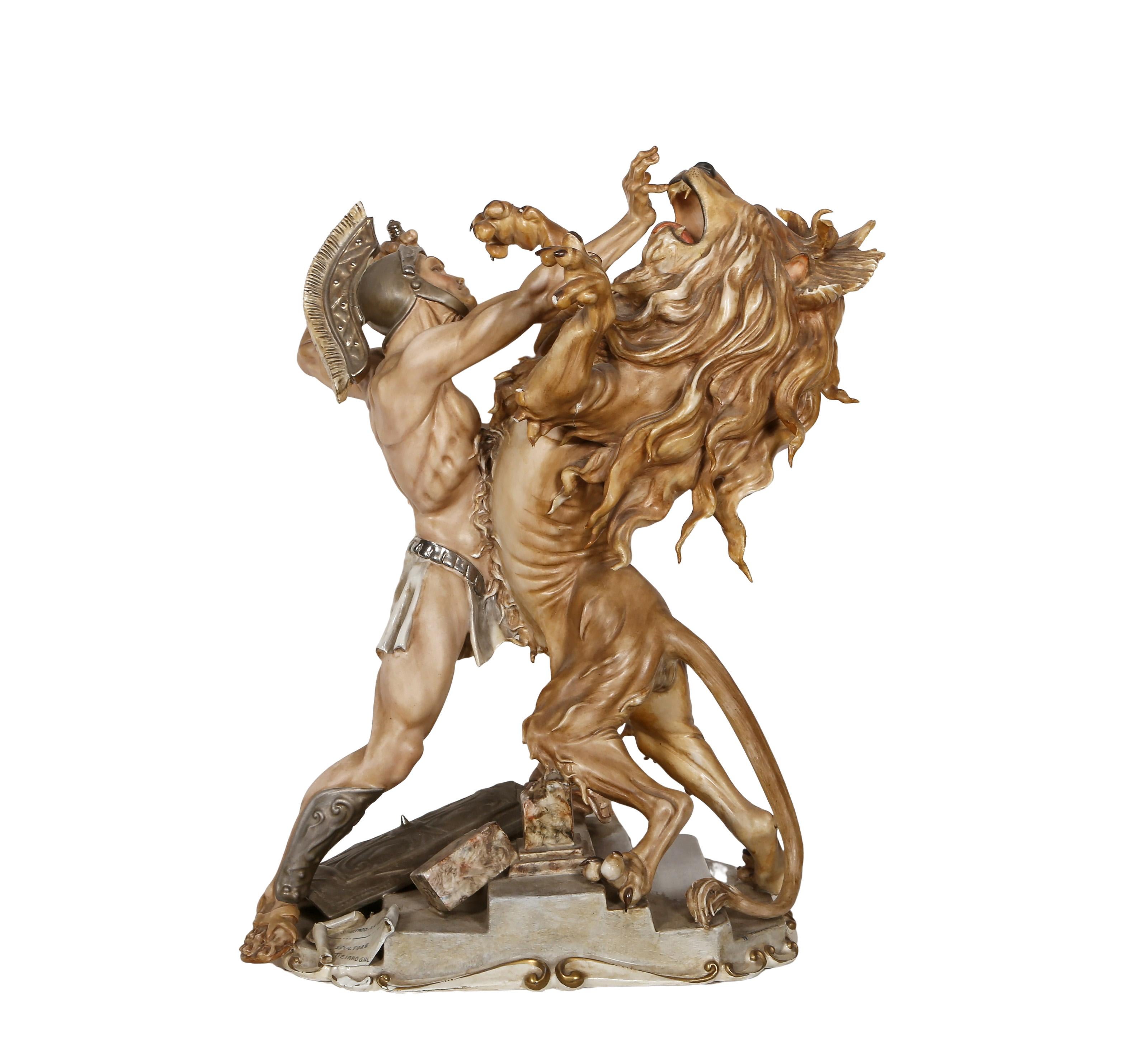 Spartico E Il Leone, sculpture en porcelaine Art nouveau de Tiziano Galli en vente 5
