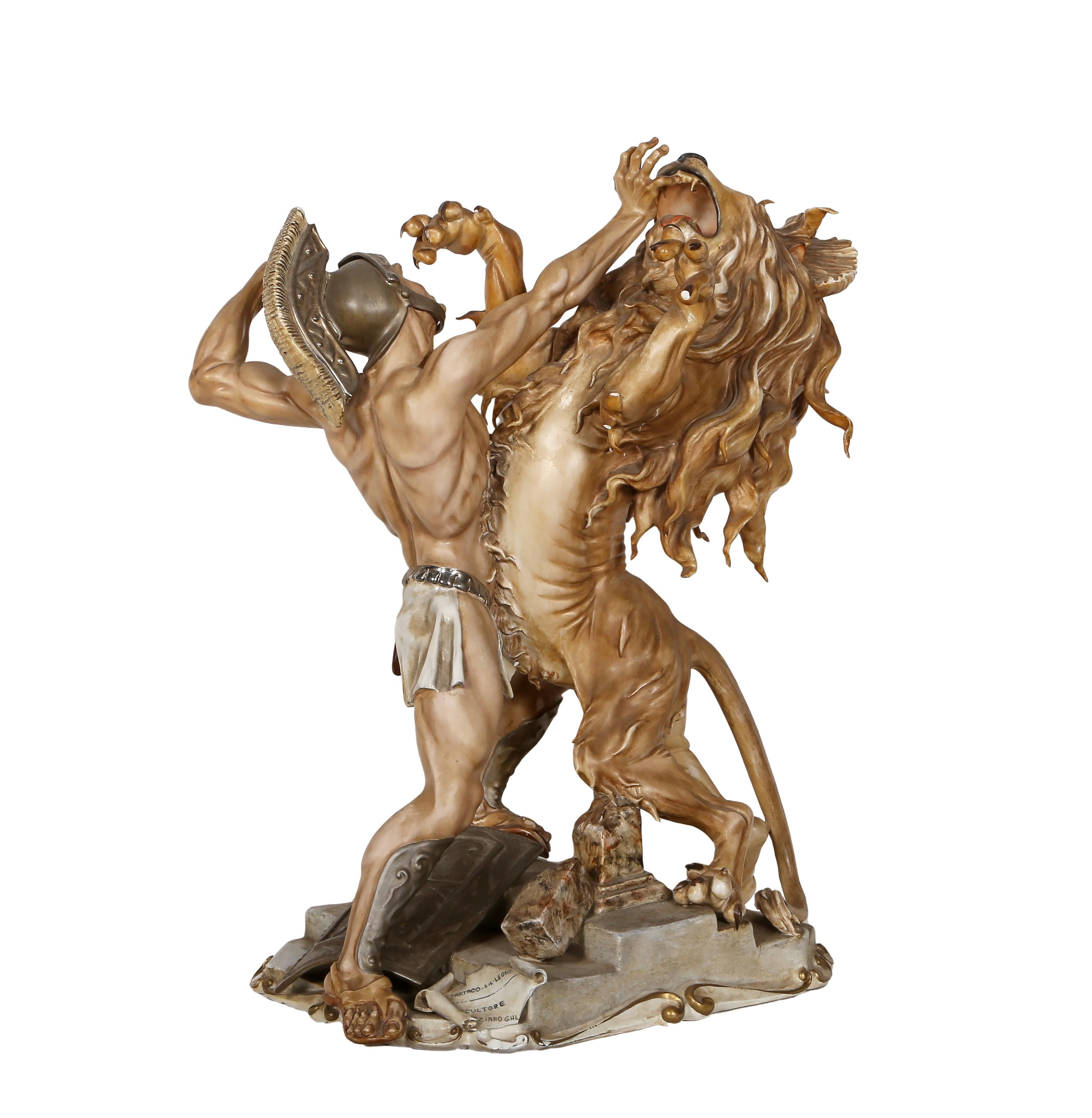 Spartico E Il Leone, sculpture en porcelaine Art nouveau de Tiziano Galli en vente 6