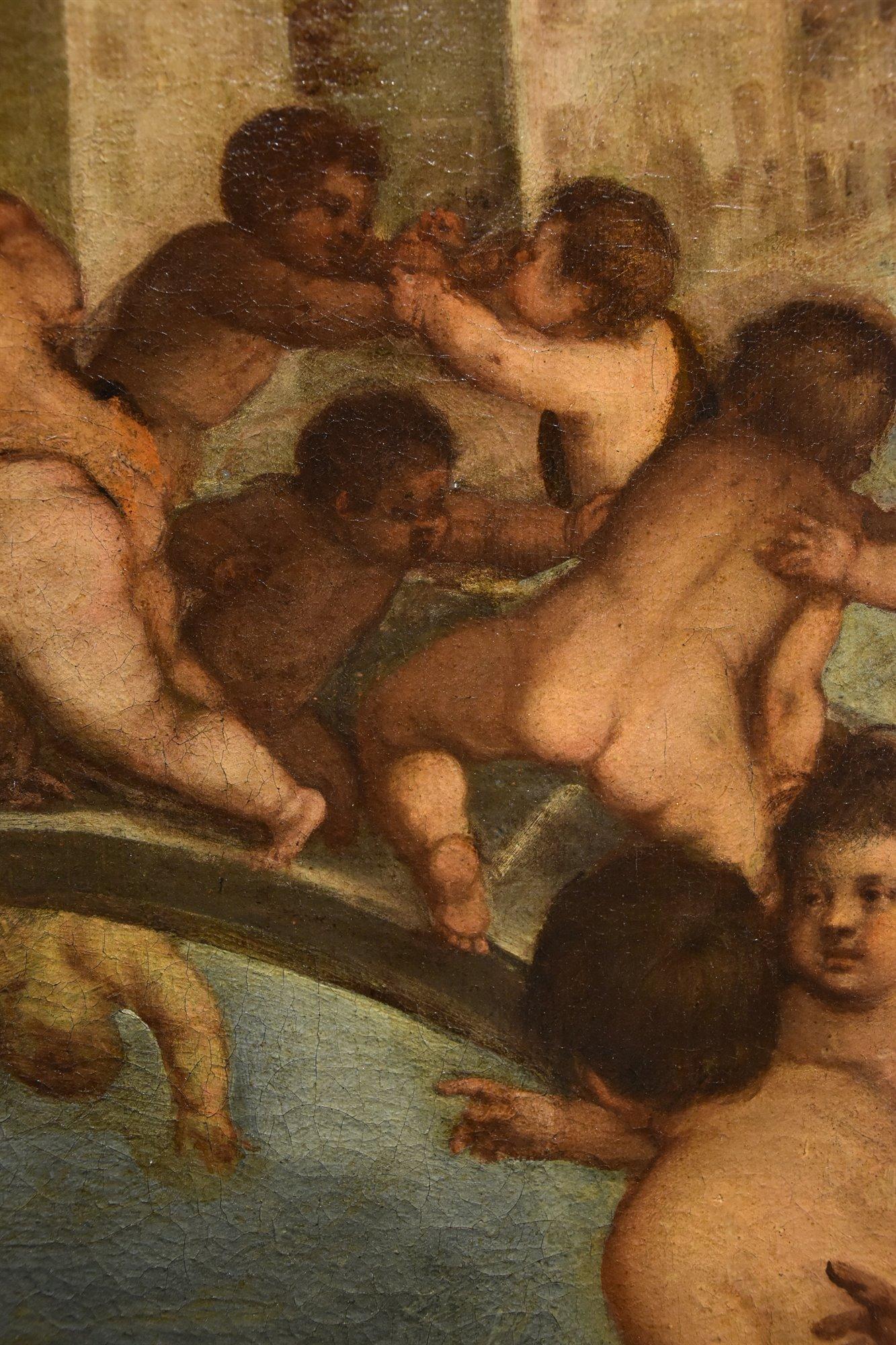 Putti Fighting Venice Tiziano 16th Century Paint Oil on canvas Old master Italy For Sale 5