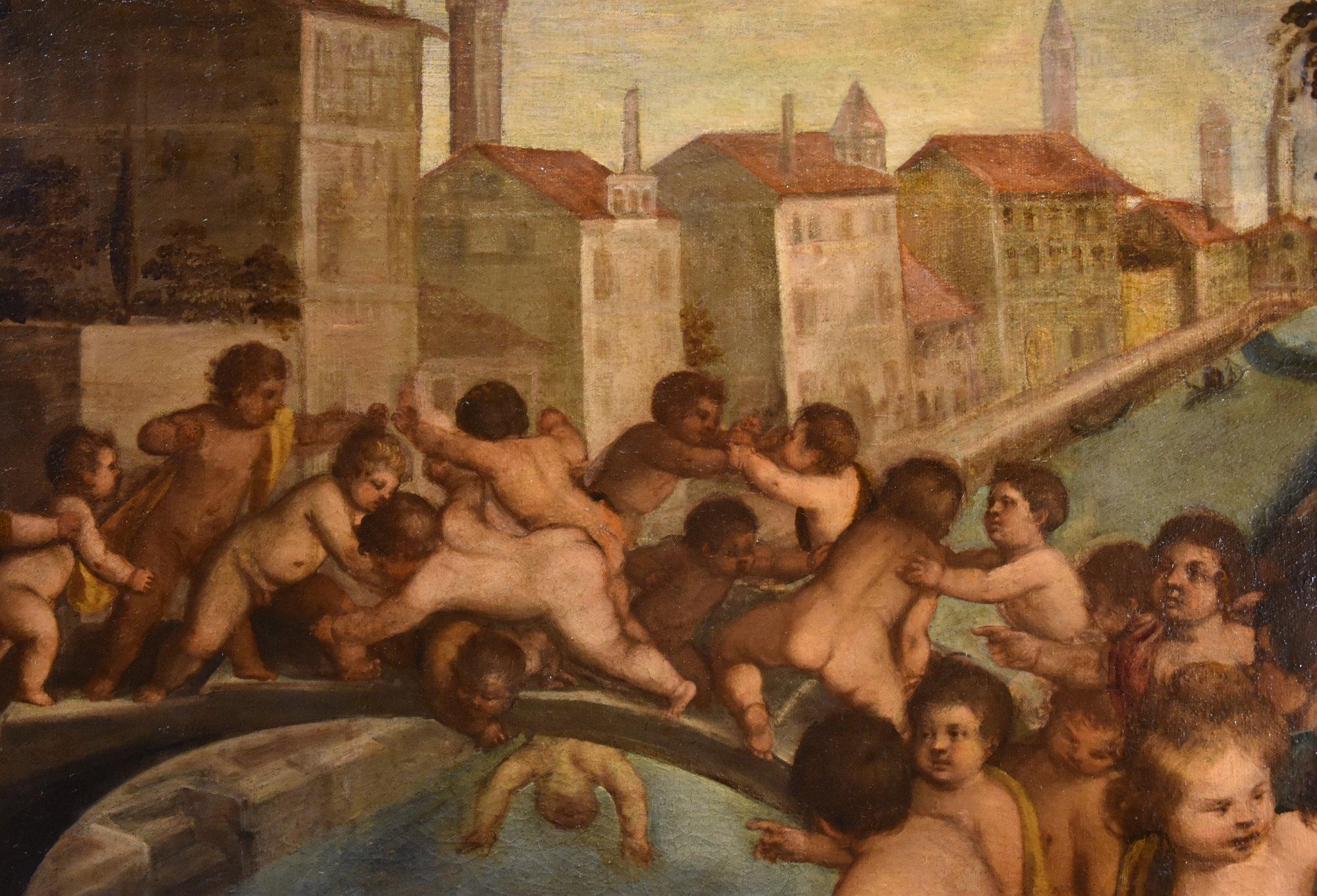 Putti Fighting Venice Tiziano 16th Century Paint Oil on canvas Old master Italy For Sale 6