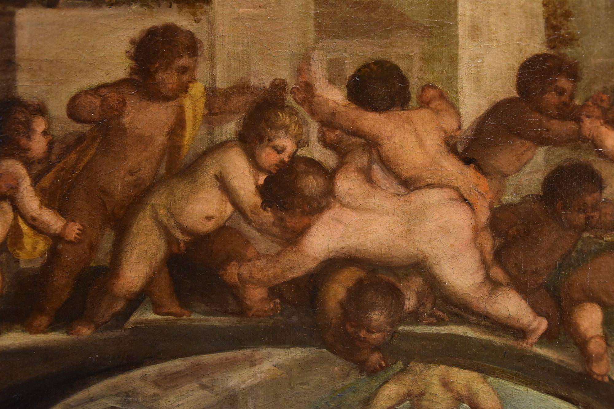 Putti Fighting Venice Tiziano 16th Century Paint Oil on canvas Old master Italy For Sale 8