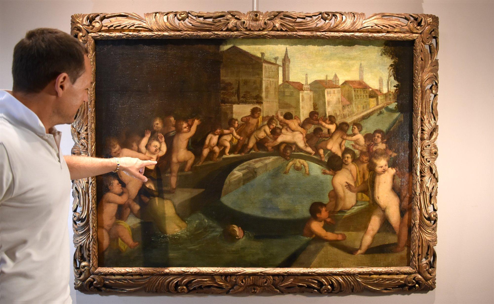 Putti Fighting Venice Tiziano 16th Century Paint Oil on canvas Old master Italy For Sale 9