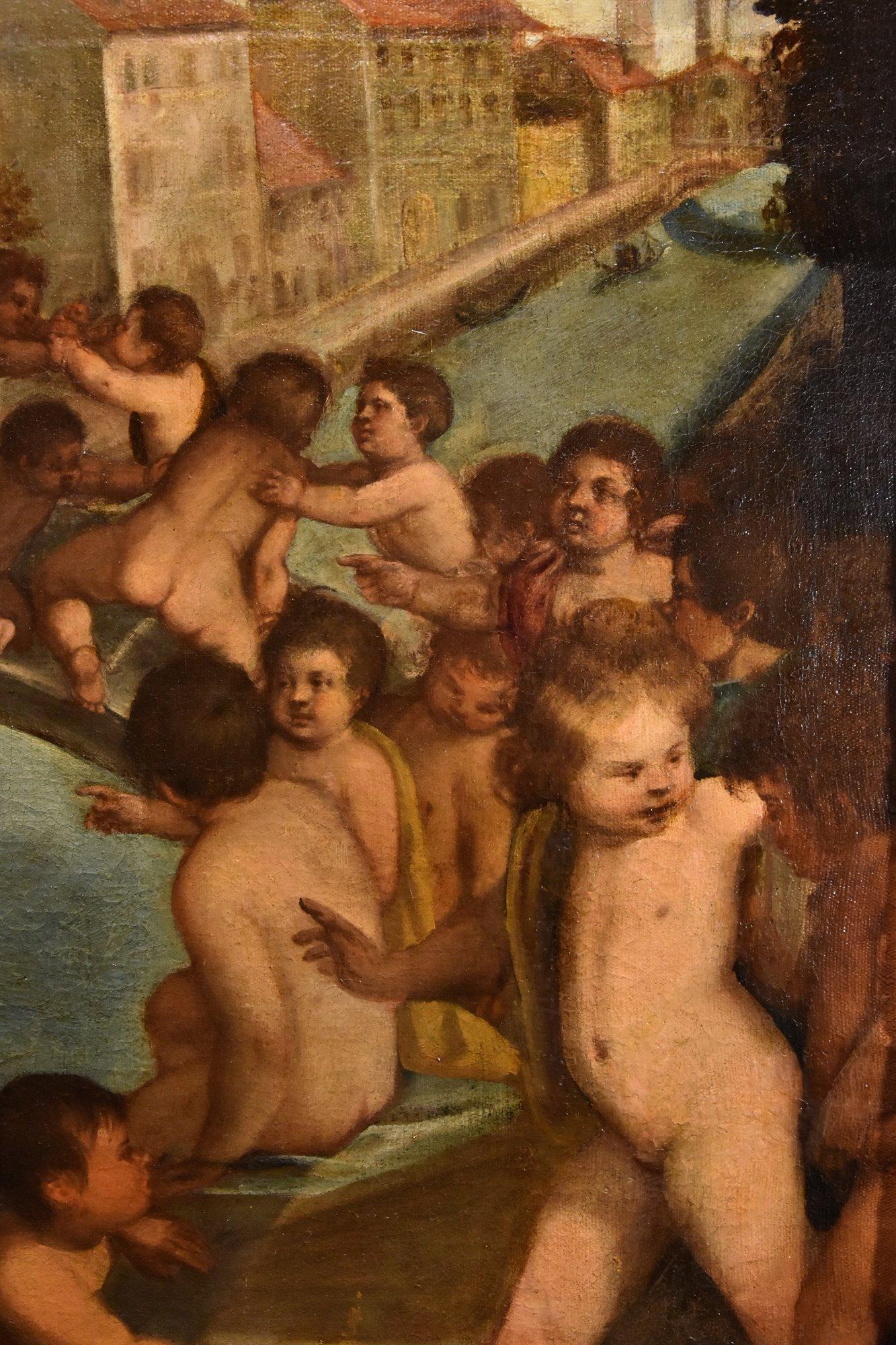 Putti Fighting Venice Tiziano 16th Century Paint Oil on canvas Old master Italy For Sale 10