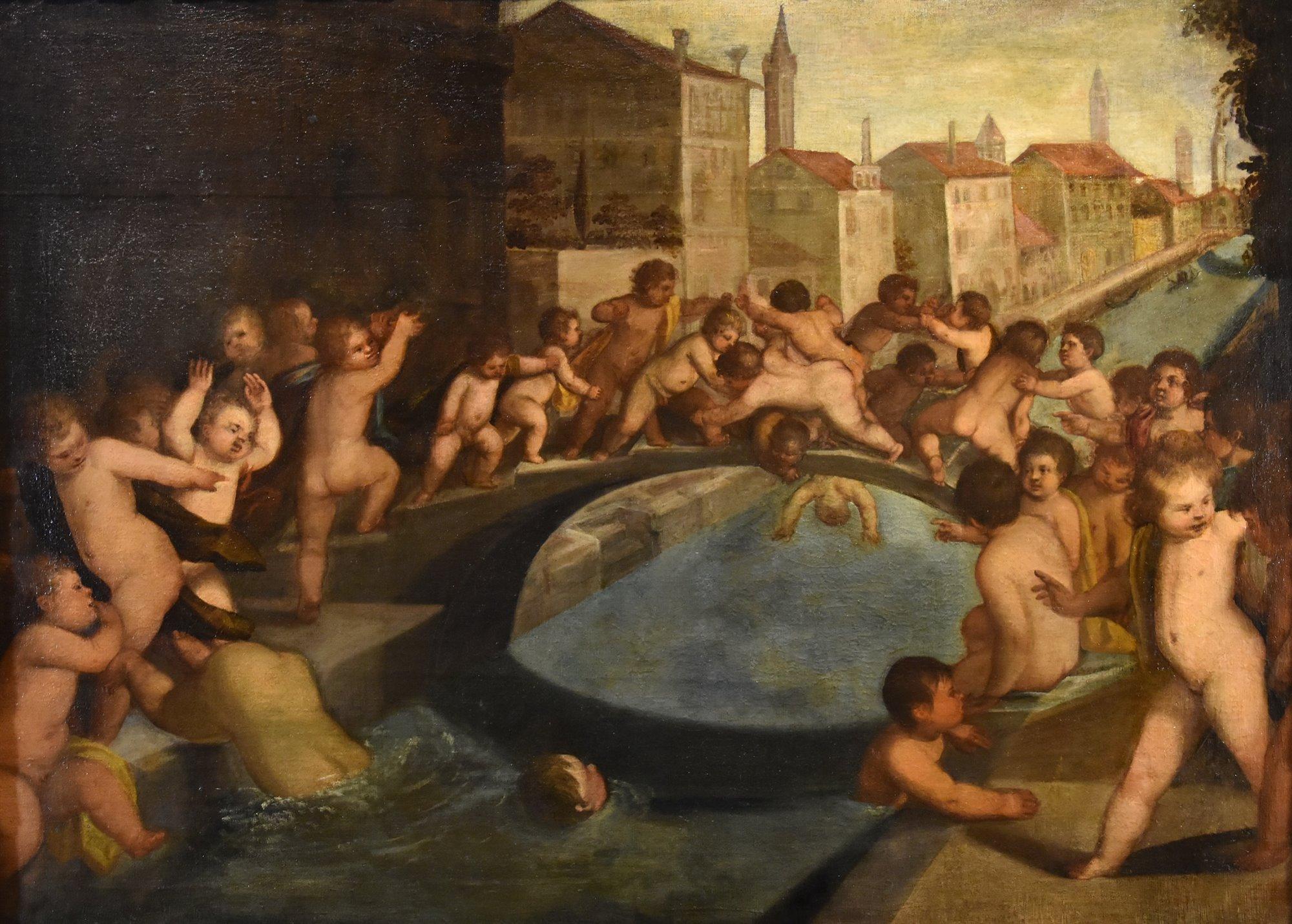 Putti Fighting Venice Tiziano 16th Century Paint Oil on canvas Old master Italy - Painting by Tiziano Vecellio (1490 - 1576)