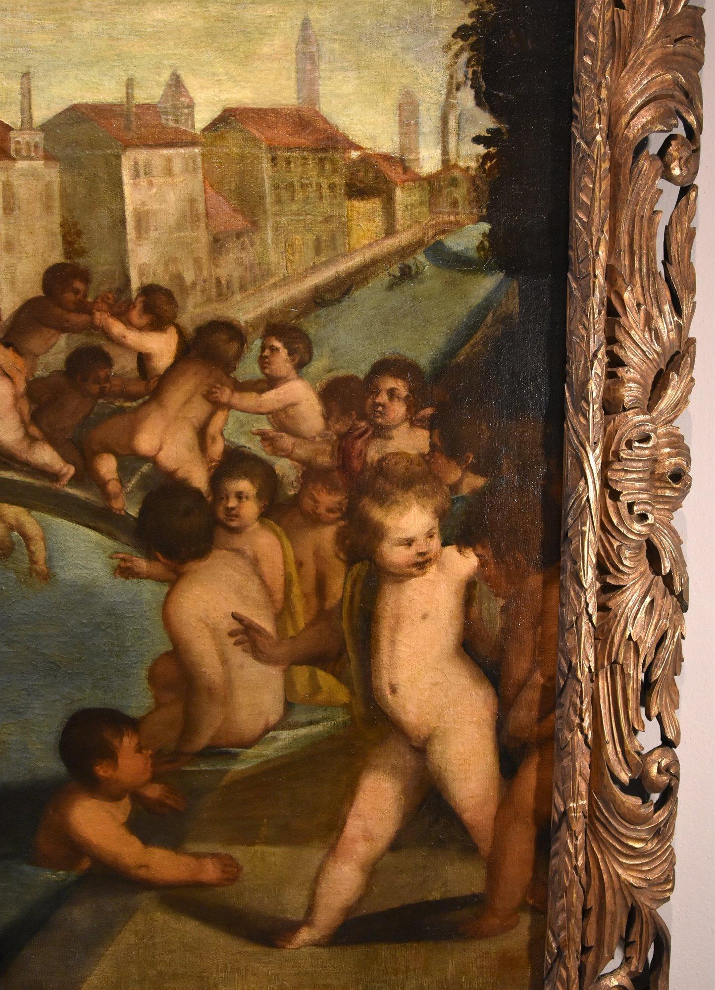 Putti Fighting Venice Tiziano 16th Century Paint Oil on canvas Old master Italy - Brown Landscape Painting by Tiziano Vecellio (1490 - 1576)